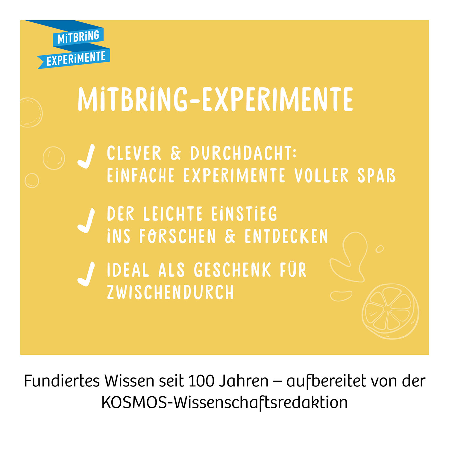 Text über Experimente mit Checkliste, Text und Logo.