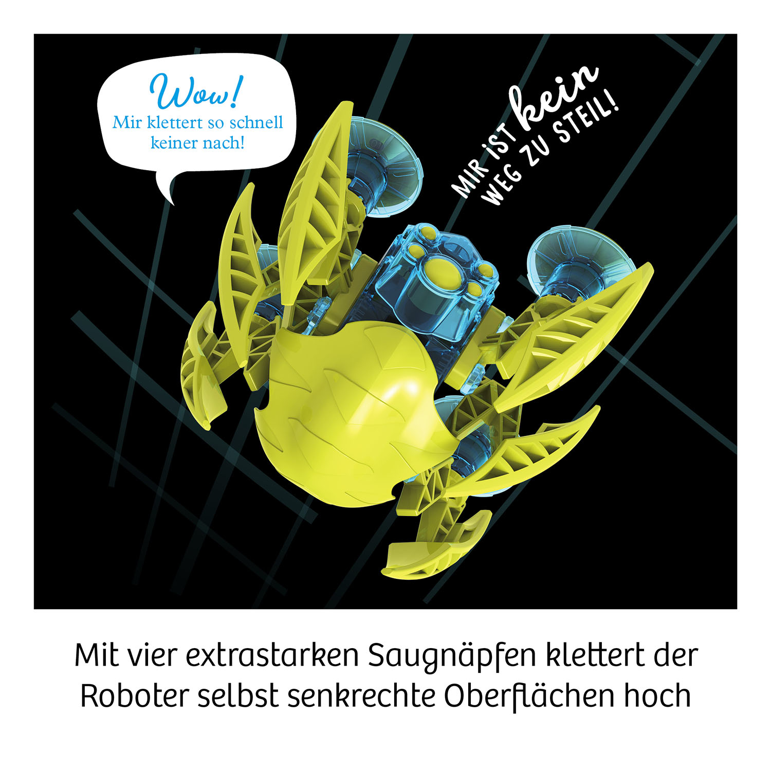 Gelber Roboter mit blauen Saugnäpfen und Sprechblase. Text auf Deutsch.