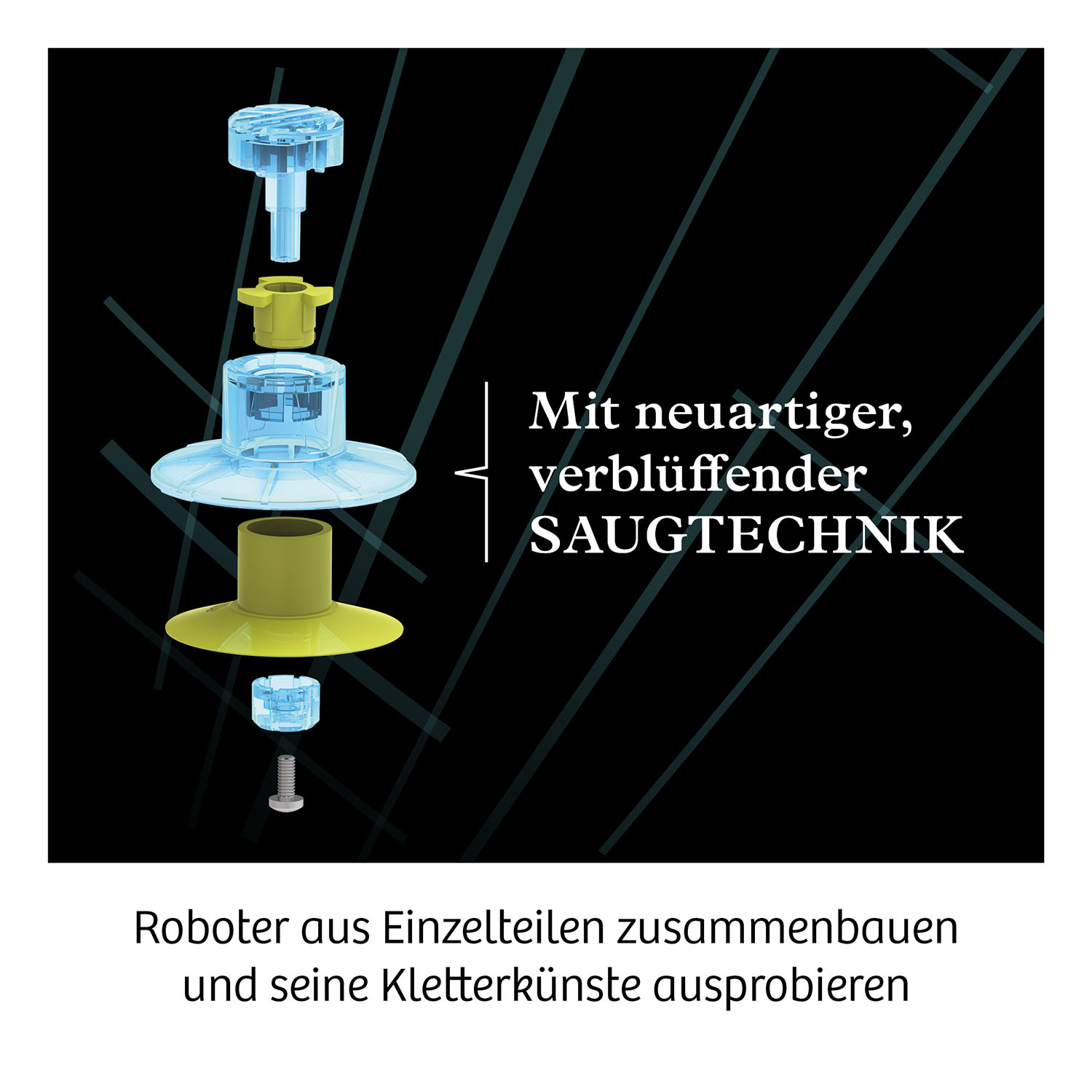 Explosionsansicht von Spielzeugteilen und Text auf dunklem Hintergrund.