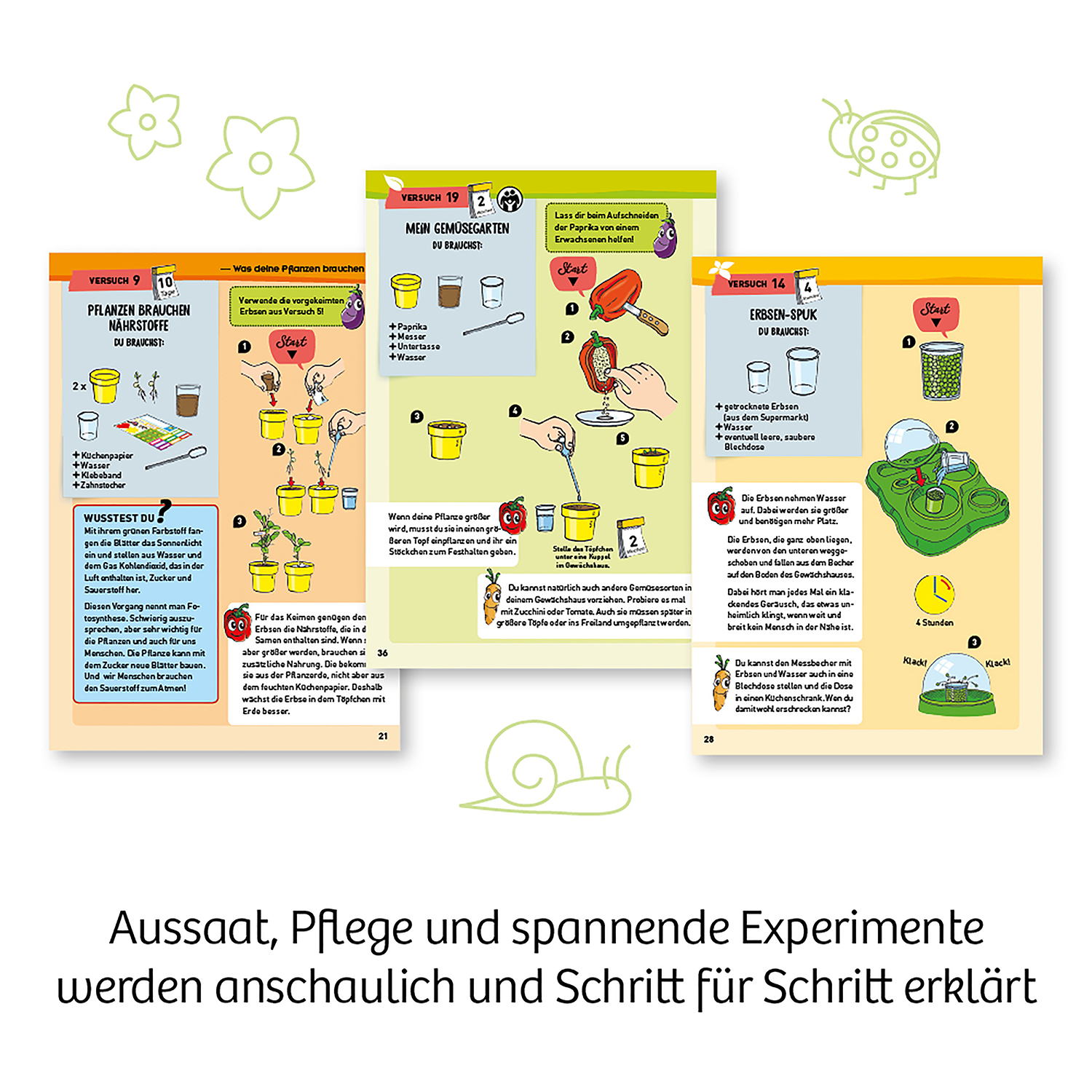 Drei Seiten aus einem Kinderbuch über Gartenarbeit und Pflanzen mit Illustrationen und Text.