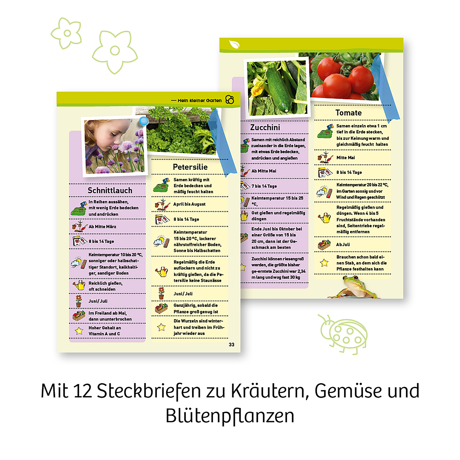 Zwei Seiten mit Gartentipps für Kräuter und Gemüse. Enthält Bilder und Text auf Deutsch.