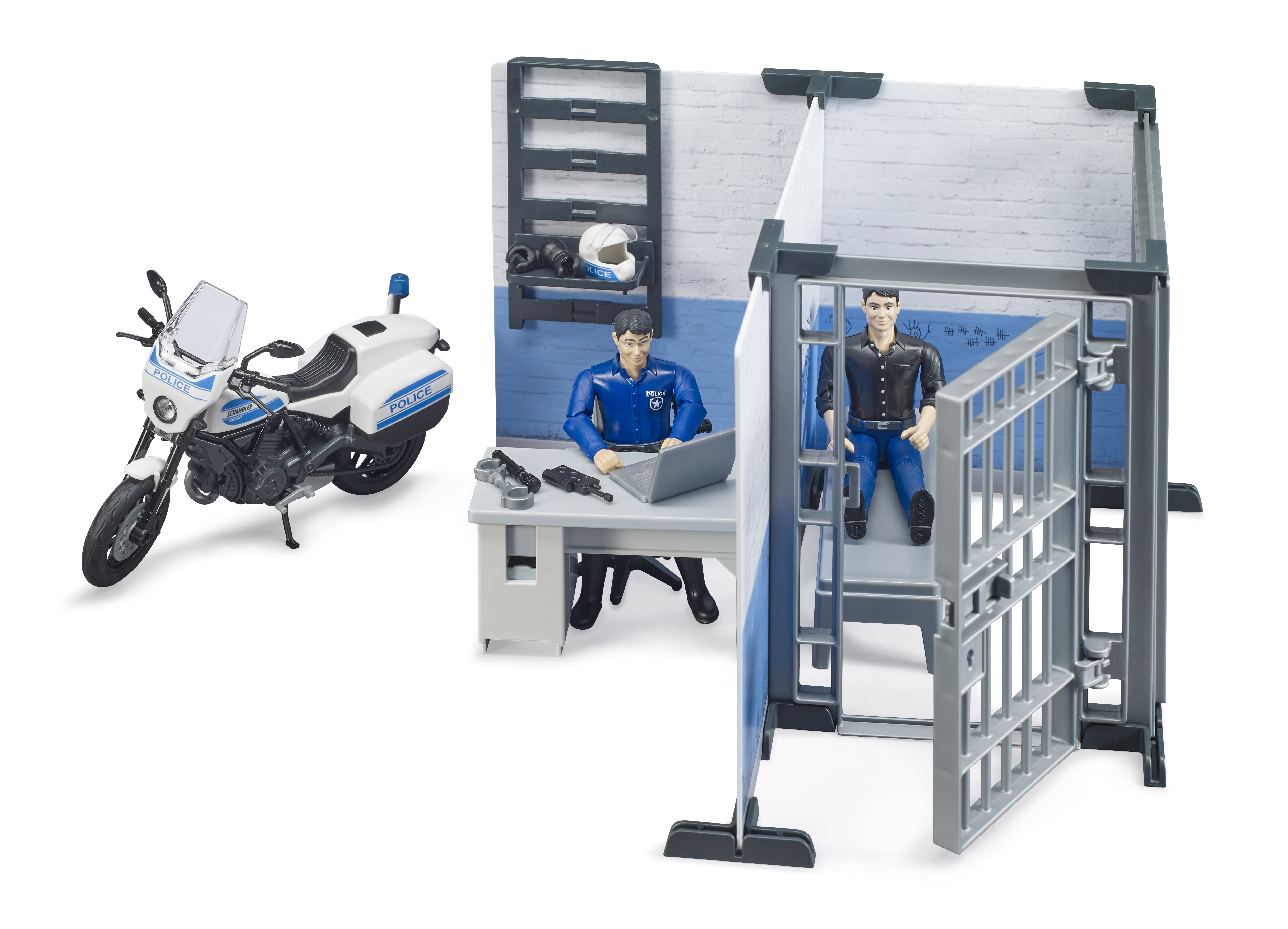 Set stazione di polizia giocattolo con moto, agenti e cella.