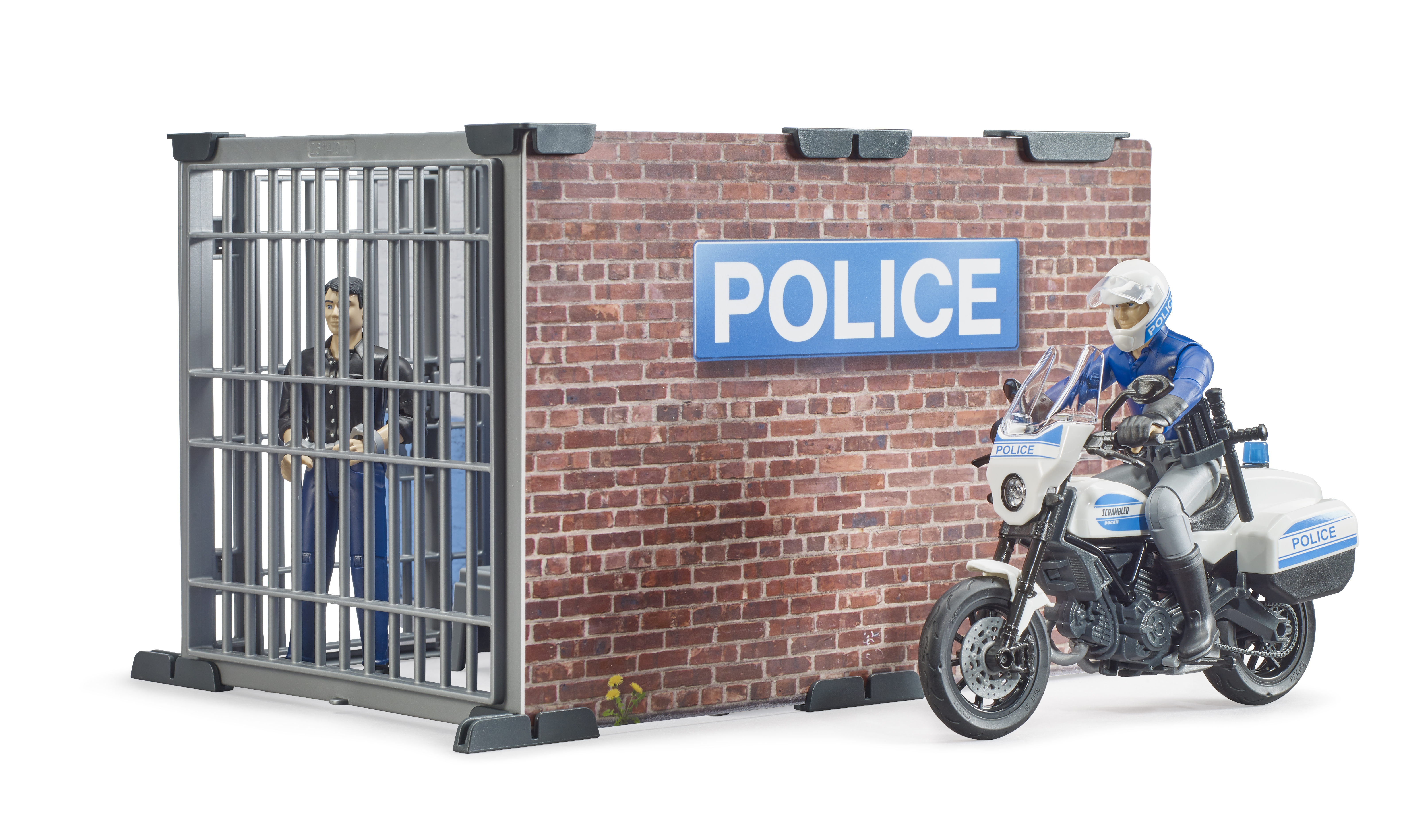Set di polizia giocattolo con cella, muro di mattoni, insegna e moto.