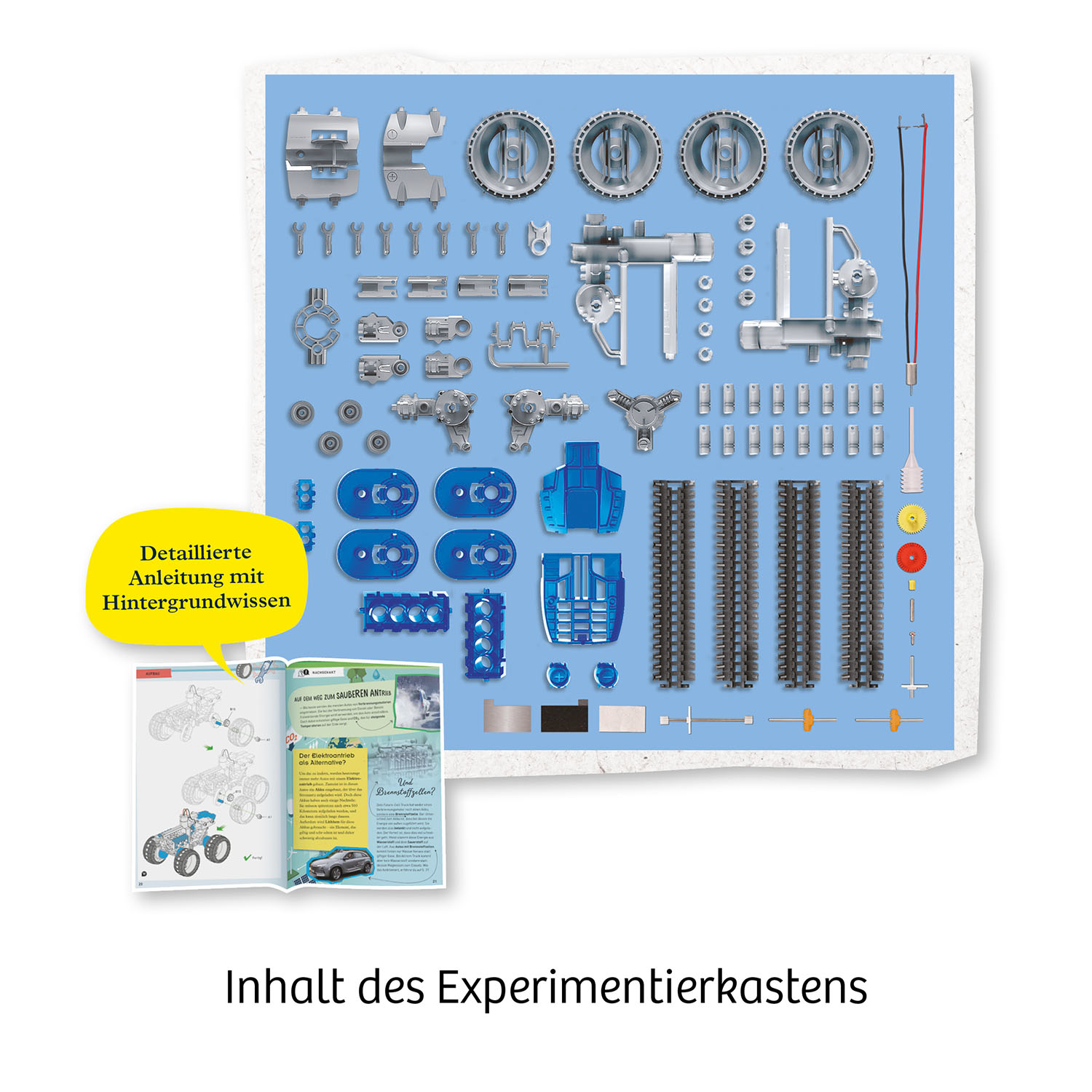 Komponenten eines Bausatzes, einschließlich Schrauben, Rädern und blauen Teilen, auf hellblauem Hintergrund.