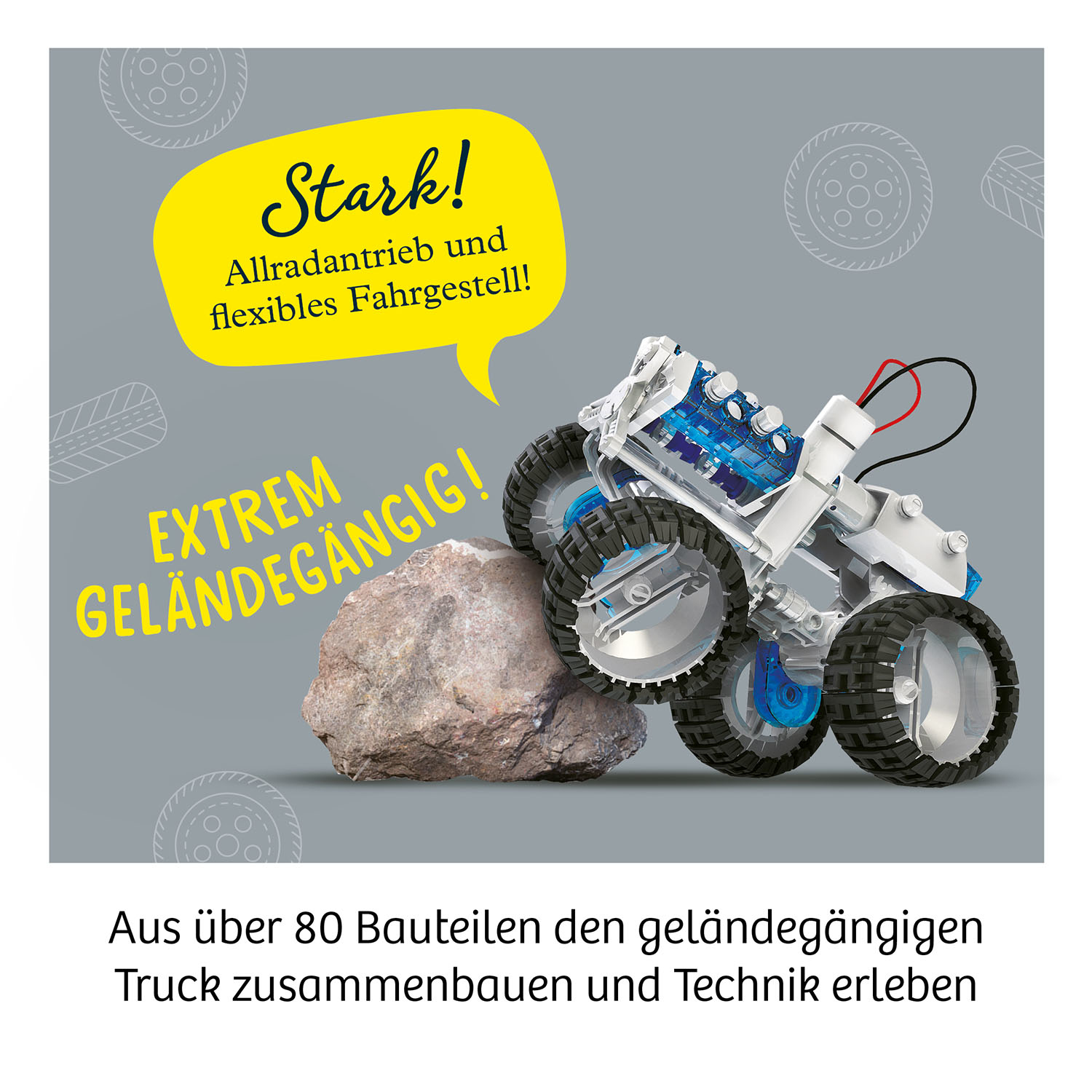 Ein Spielzeugauto-Modell auf grauem Hintergrund mit Sprechblase und Text auf Deutsch.