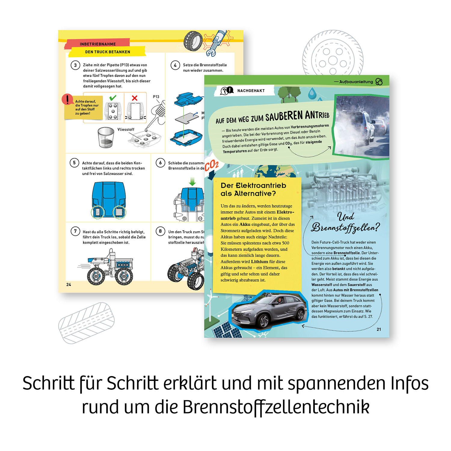 Eine illustrierte Doppelseite, die Brennstoffzellentechnologie mit Diagrammen und einer Autografik erklärt.