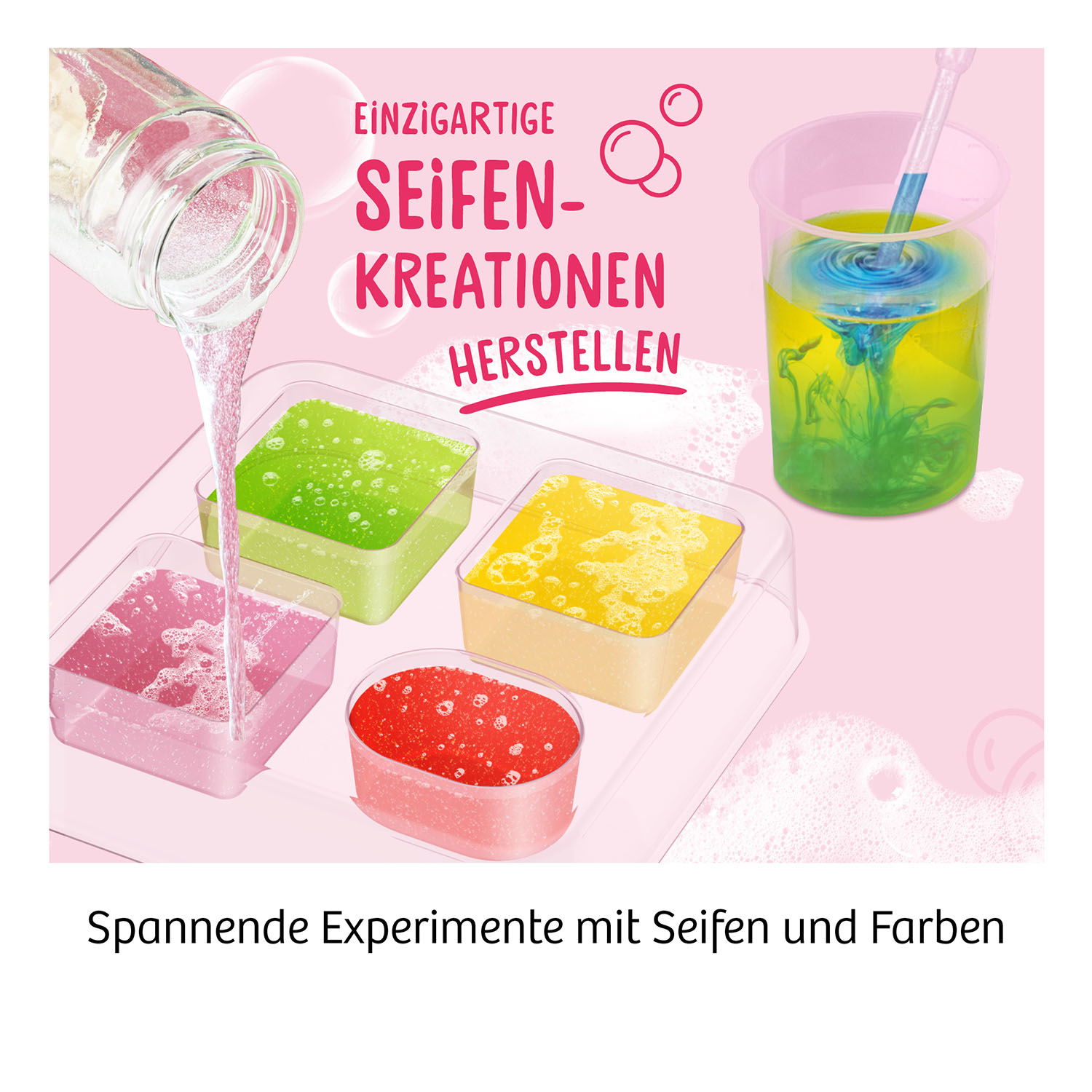 Experimentieren mit bunten Seifen, Flüssigkeiten werden gegossen, und ein Laboraufbau.