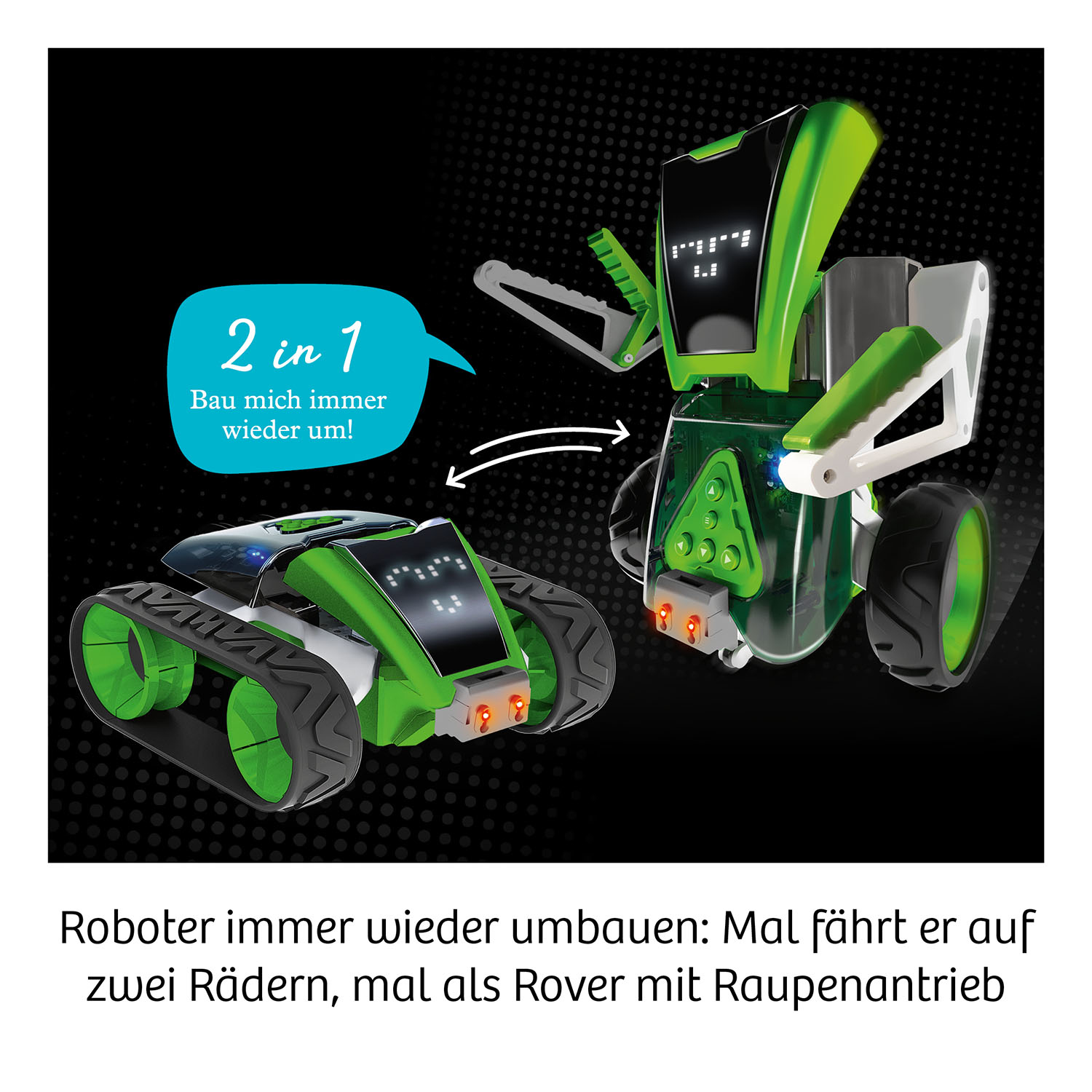 Ein grünes und schwarzes Roboter-Spielzeug, in zwei Formen gezeigt: ein Roboter und ein Rover.