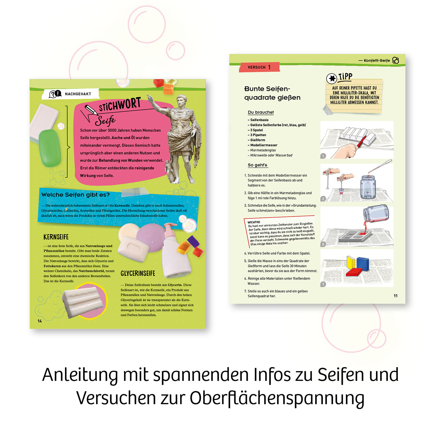 Ein Buch mit Anleitungen zur Seifenherstellung, einschließlich Illustrationen.
