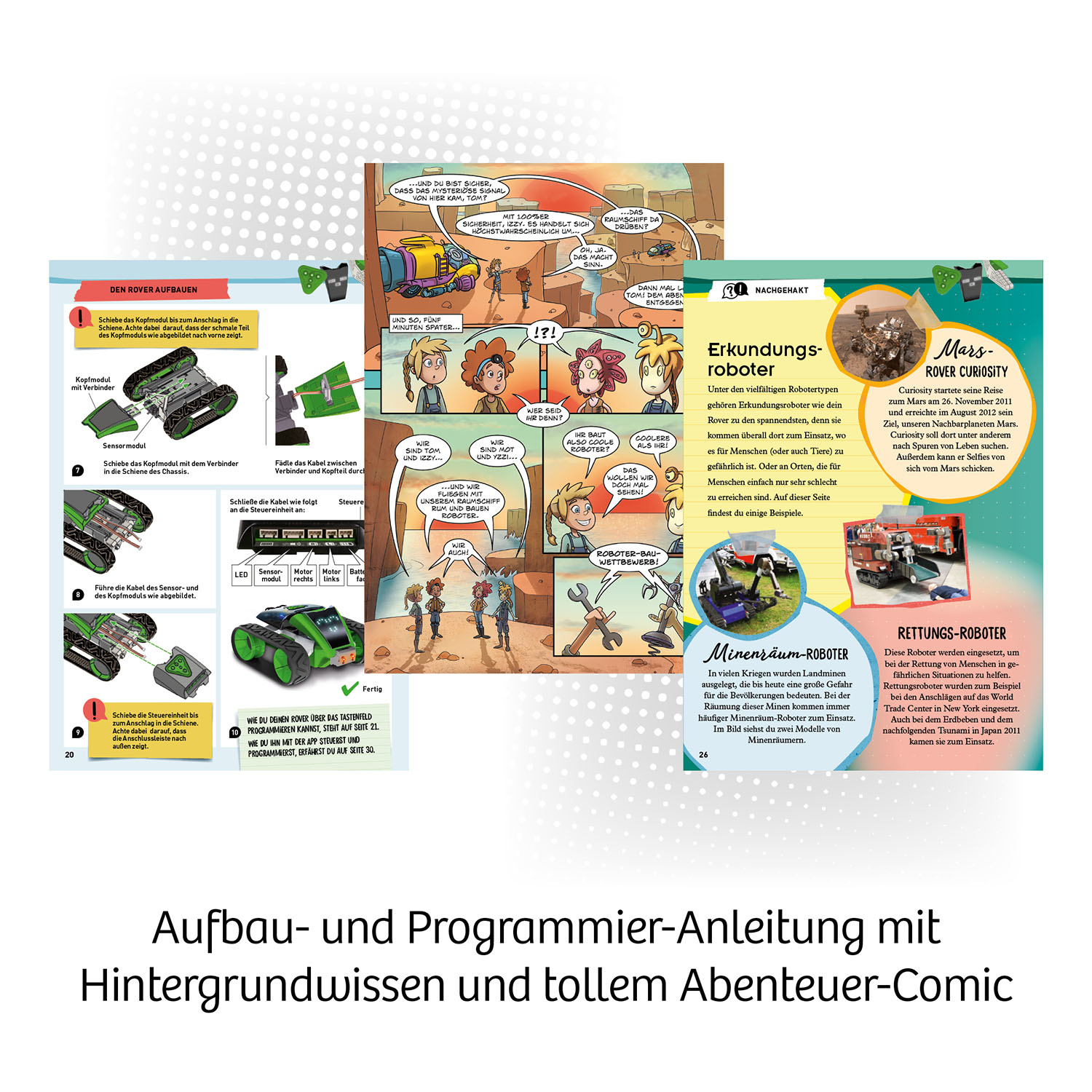 Comic-Buchseiten über Roboter und Weltraumforschung.