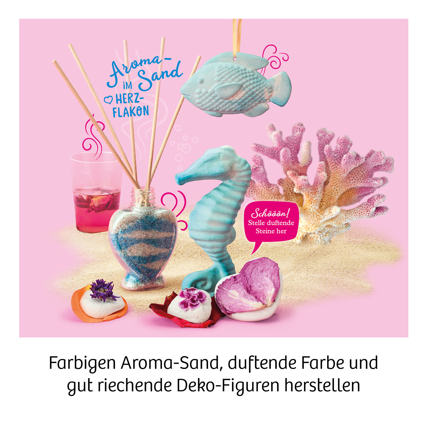 Eine Komposition aus Aromasand, einem Seepferdchen, einem Fisch, rosa Blüten und einem rosafarbenen Hintergrund.