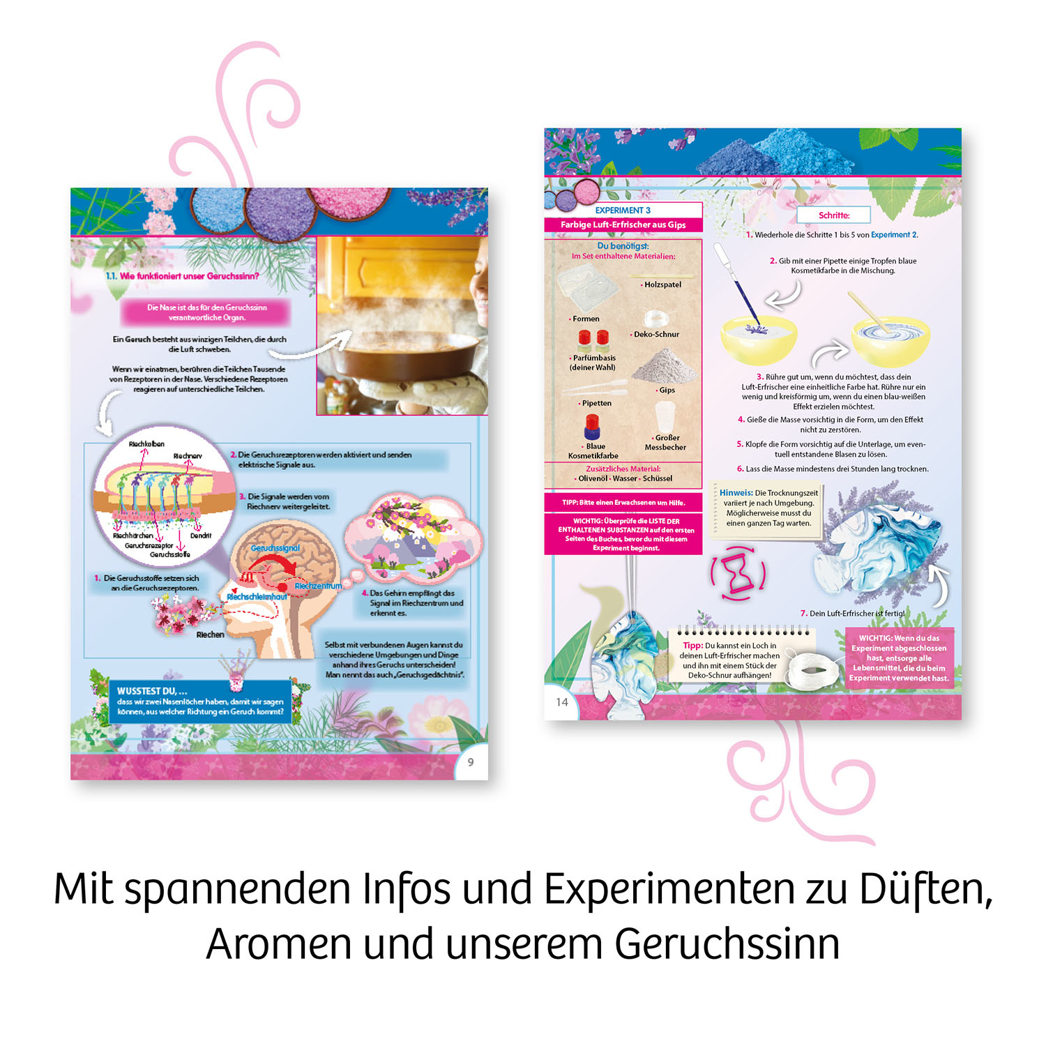 Diagramme und Text, die beschreiben, wie die menschliche Nase funktioniert, und Experimente mit Düften.