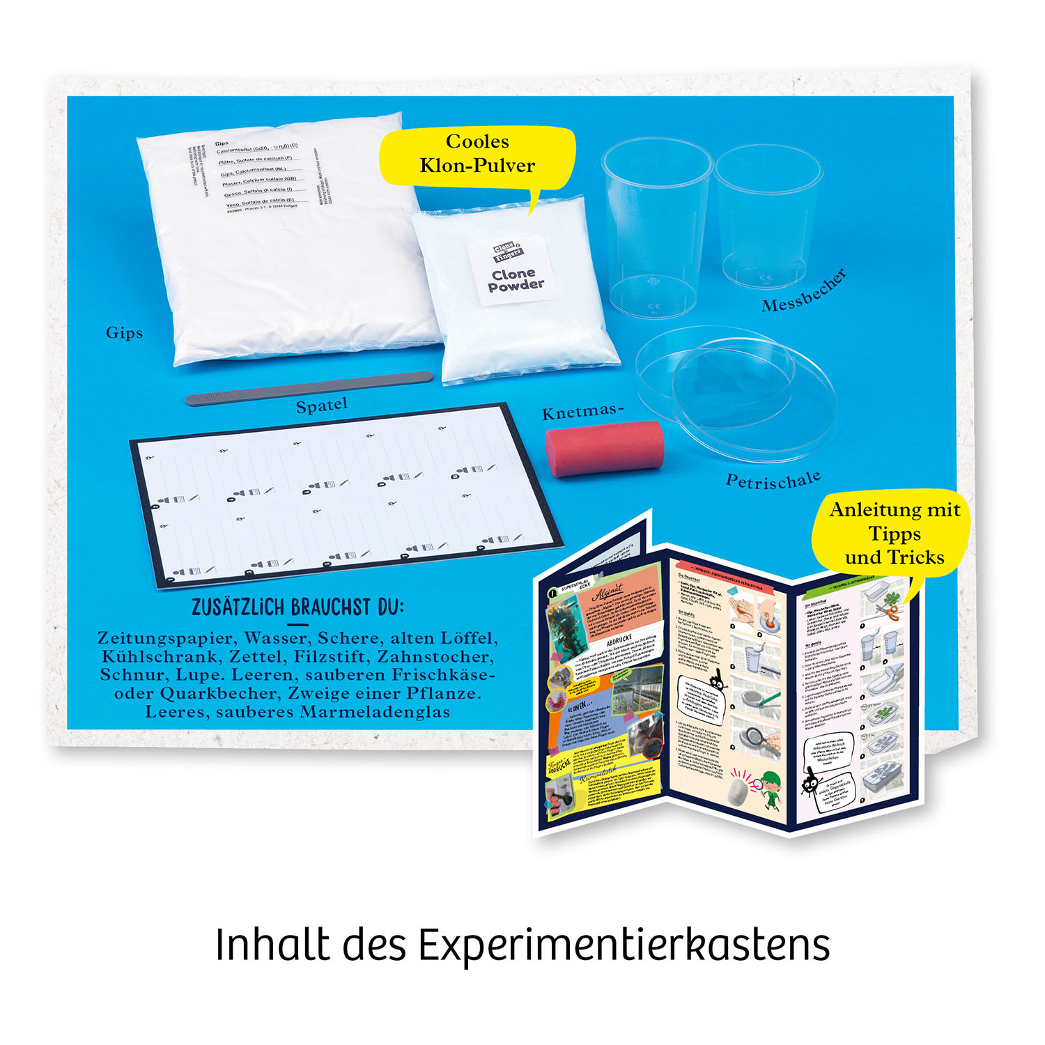 Ein wissenschaftliches Experimentier-Set mit Anleitungen, Bechern und Pulver auf blauem Hintergrund.