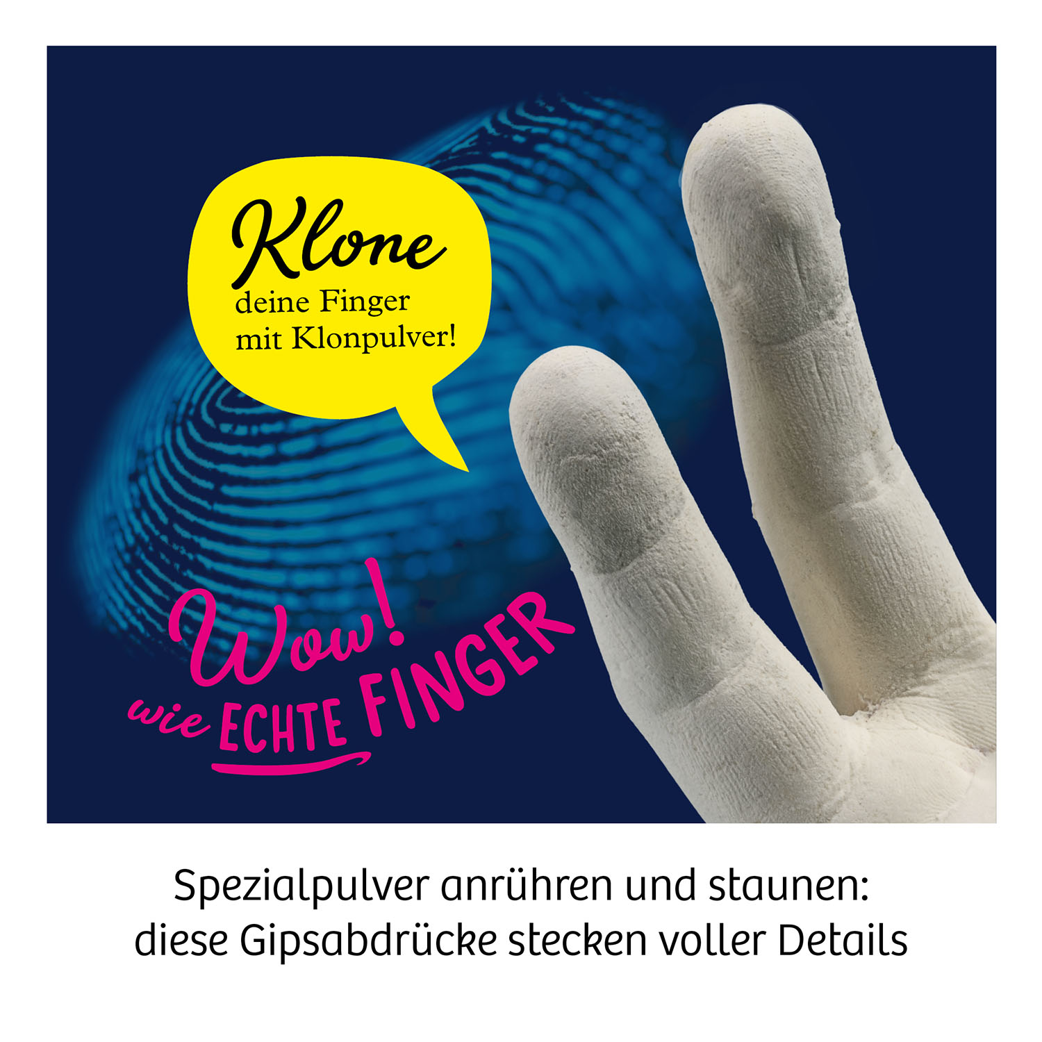 Zwei weiße Handabdrücke, Sprechblase mit Text und blauer Fingerabdruck-Hintergrund.
