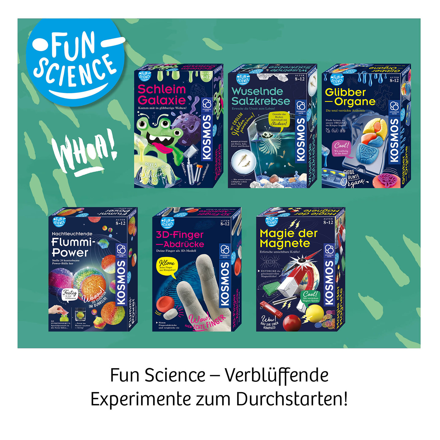 Eine Sammlung von Wissenschaftsexperimentier-Kits mit farbenfrohen Verpackungen.