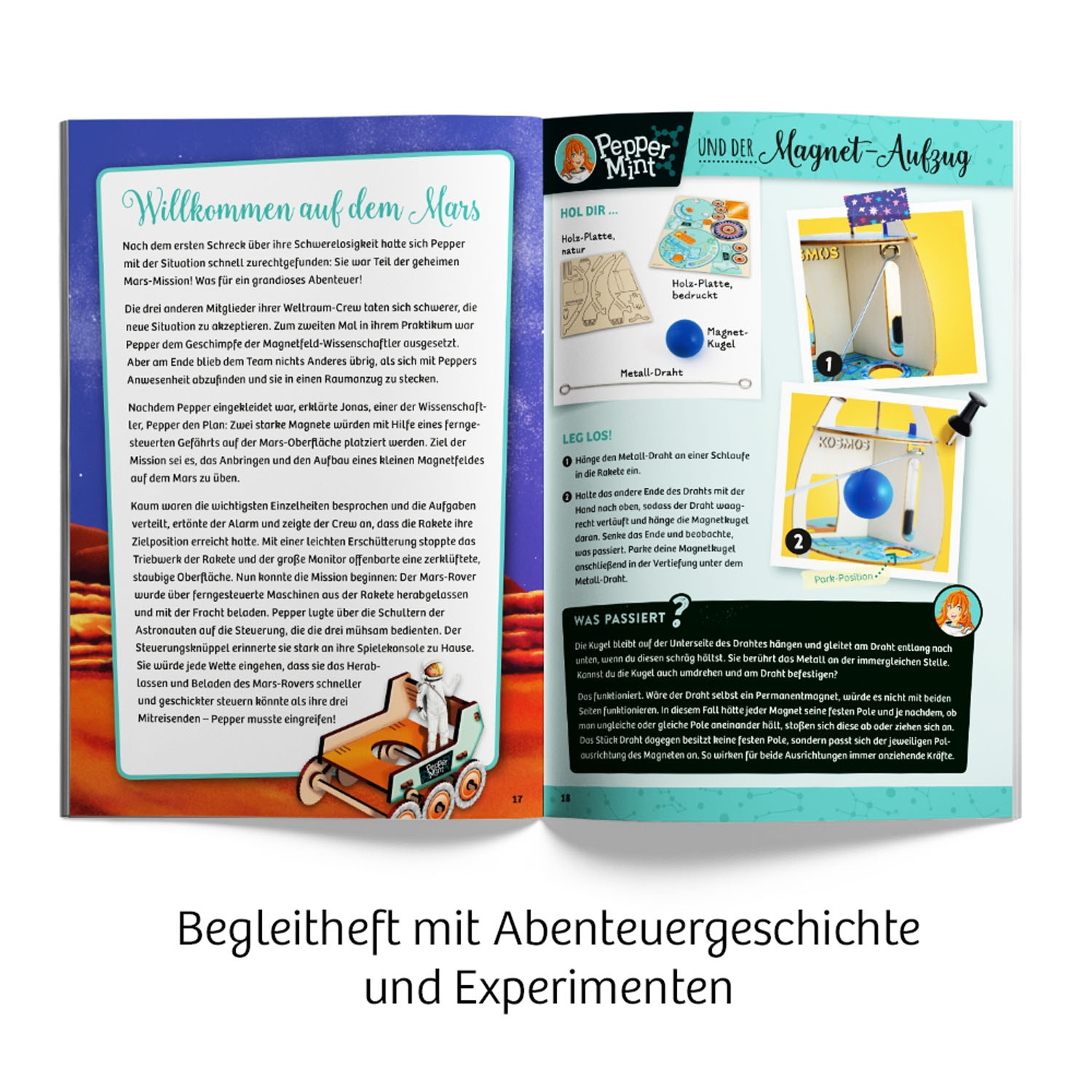 Eine Buchseite, die ein Mars-Abenteuer mit Text und Illustrationen eines Rovers zeigt.