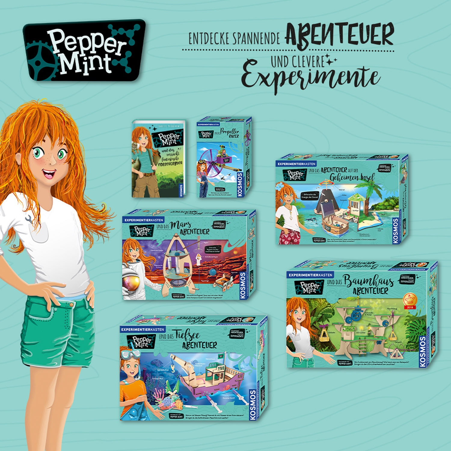 Ein Mädchen und Kisten mit Pepper Mint Abenteuer-Kits. Die Kisten und das Mädchen sind der Schwerpunkt des Bildes.