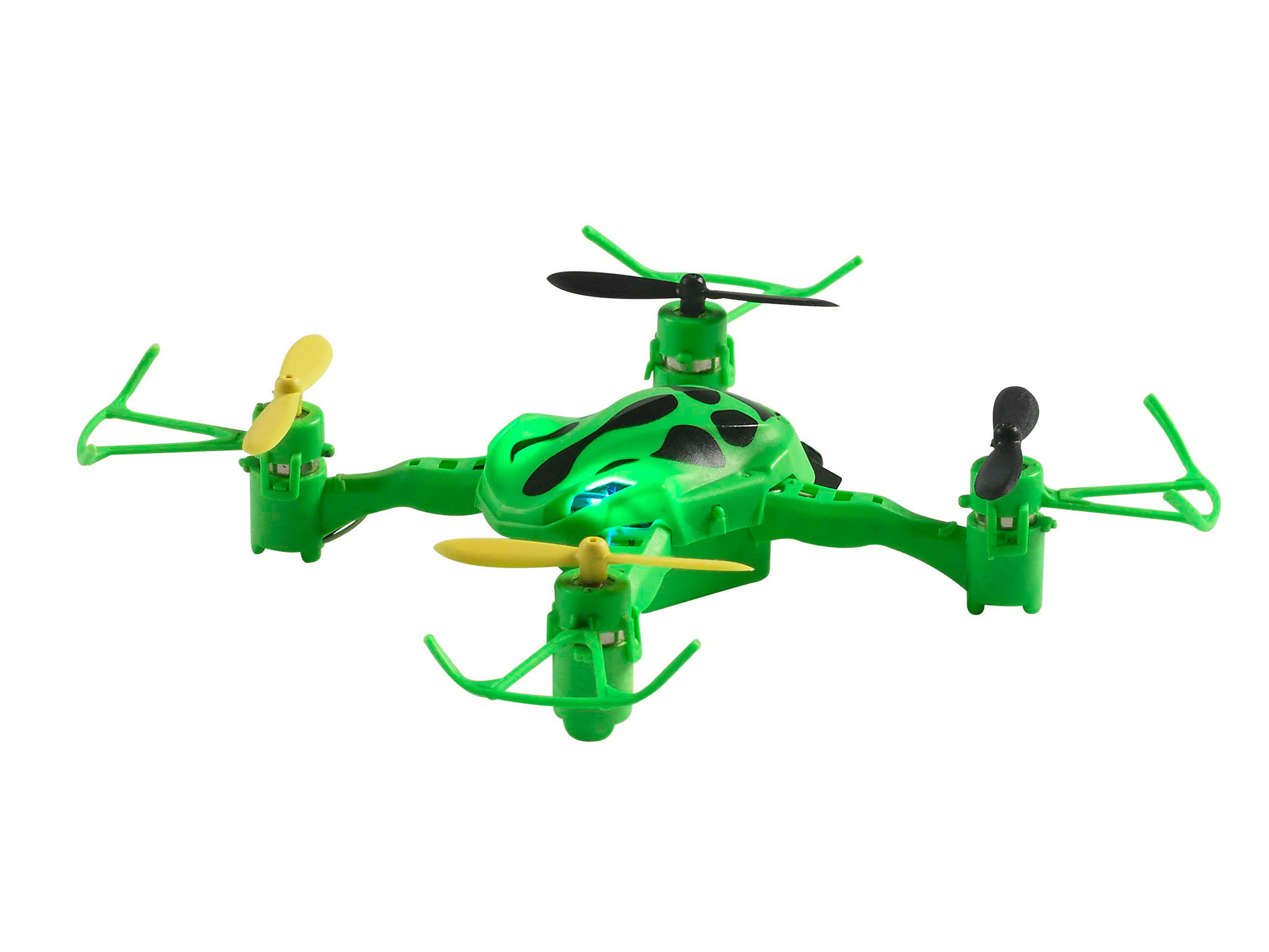 Eine grüne Drohne mit gelben Propellern und schwarzen Flecken wird von oben vor weißem Hintergrund gezeigt.