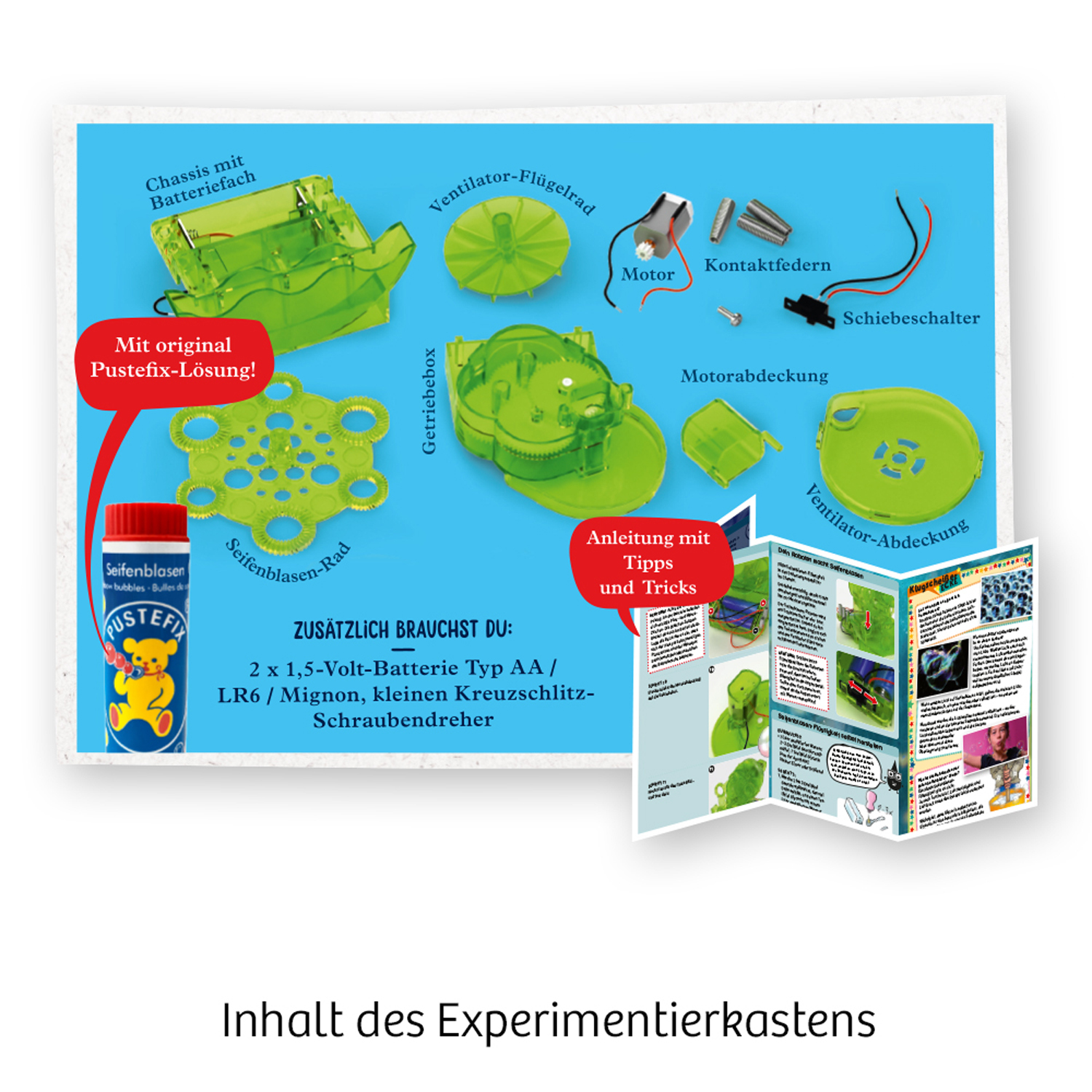 Ein geöffnetes Kit mit Anweisungen und Komponenten für eine Seifenblasenmaschine.