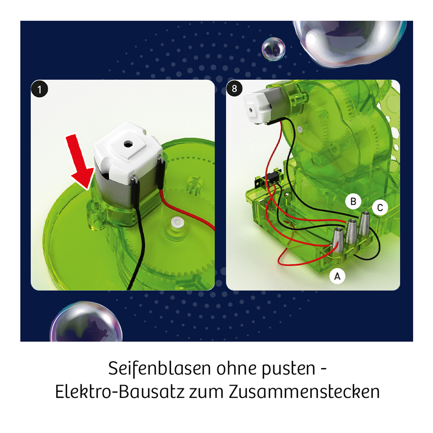 Nahaufnahme der inneren Mechanik einer Seifenblasenmaschine mit Montageanleitung.