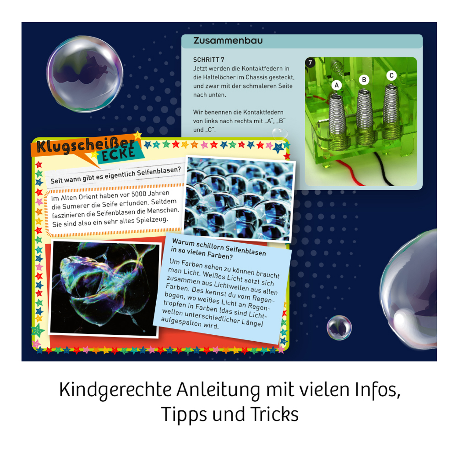 Eine bunte pädagogische Seite mit Anweisungen für ein wissenschaftliches Experiment mit Seifenblasen. Es gibt Blasen.
