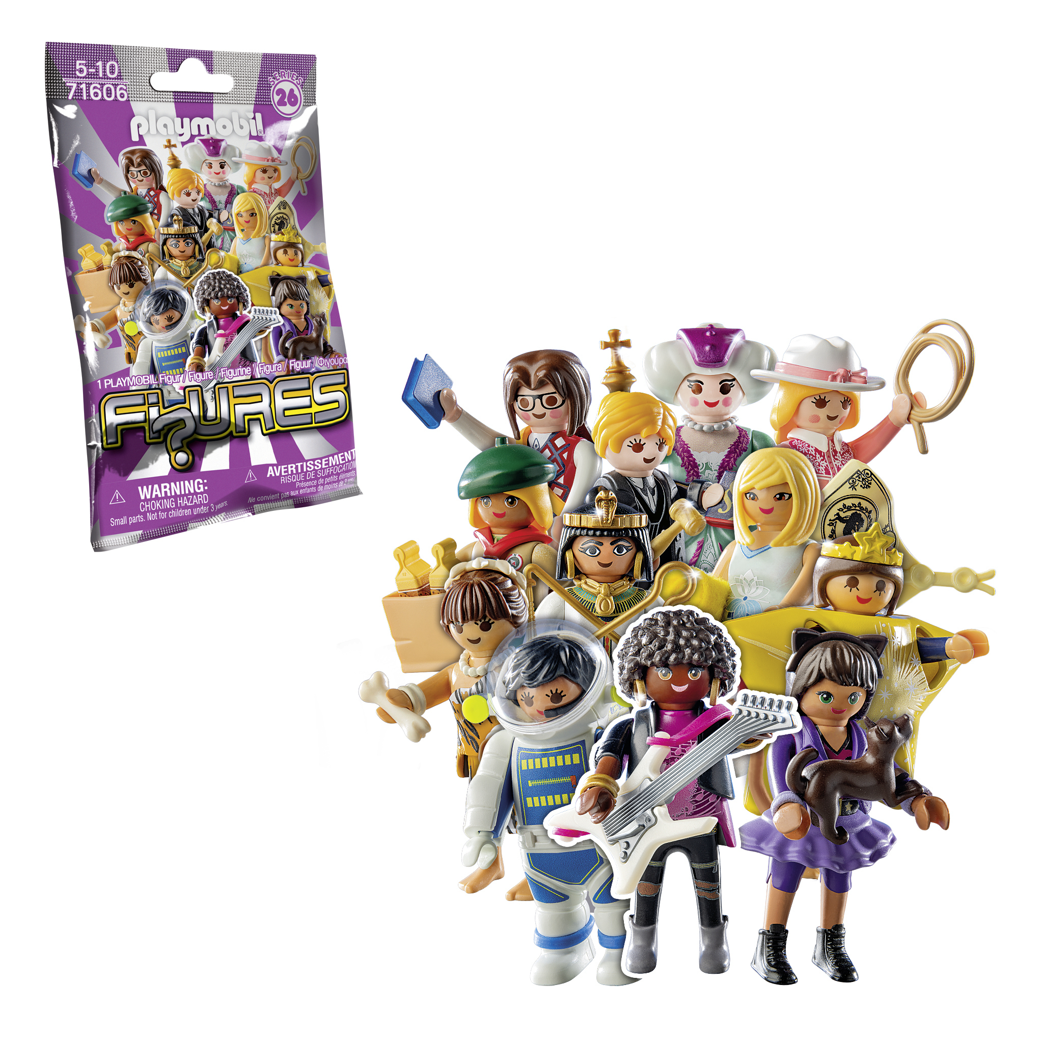 Personaggi Playmobil in un sacchetto sigillato ed esposti.