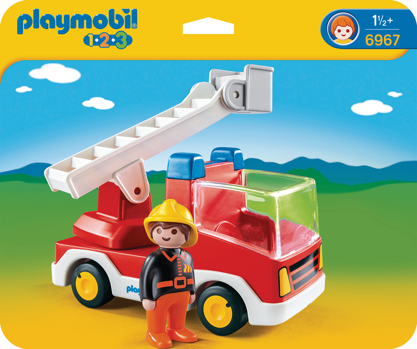 Playmobil-Feuerwehrspielzeug mit Feuerwehrmann und Leiter auf weißem Hintergrund.