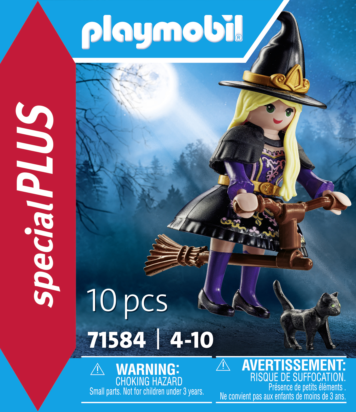 Una scatola Playmobil che mostra una figura di strega, un gatto nero e una scopa.