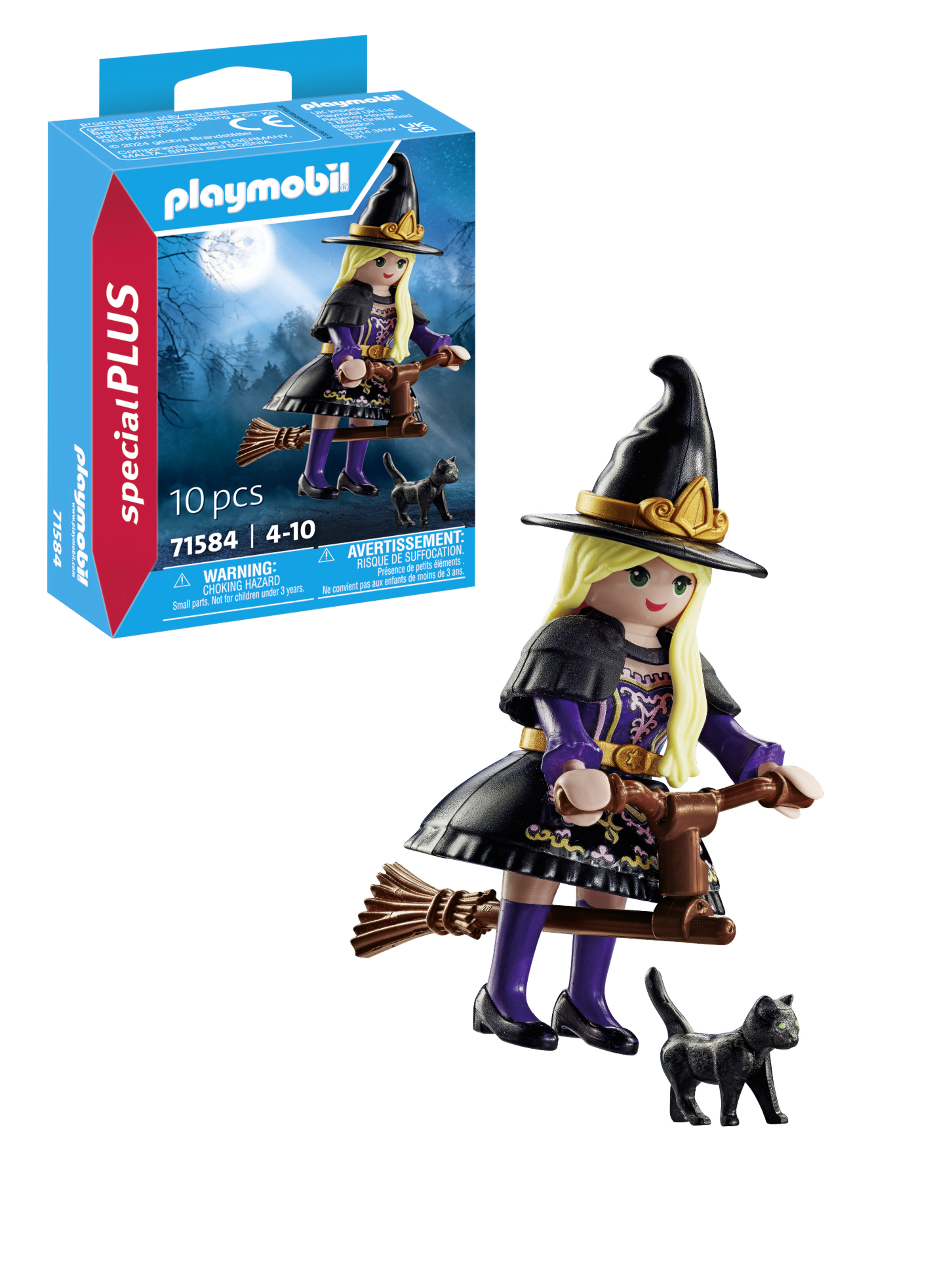 Una strega Playmobil che cavalca una scopa con un gatto nero. Una scatola è sullo sfondo con il nome 'Playmobil'.