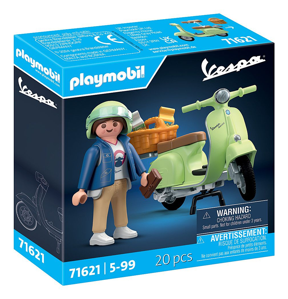 Zestaw Playmobil z figurką i zielonym skuterem Vespa.