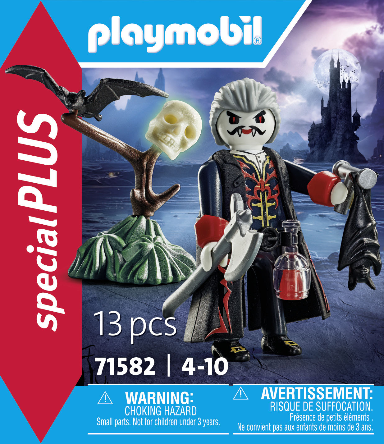 Playmobil Vampir-Spielzeugset. Enthält eine Figur, Fledermaus, Schädel, Axt und Trank.