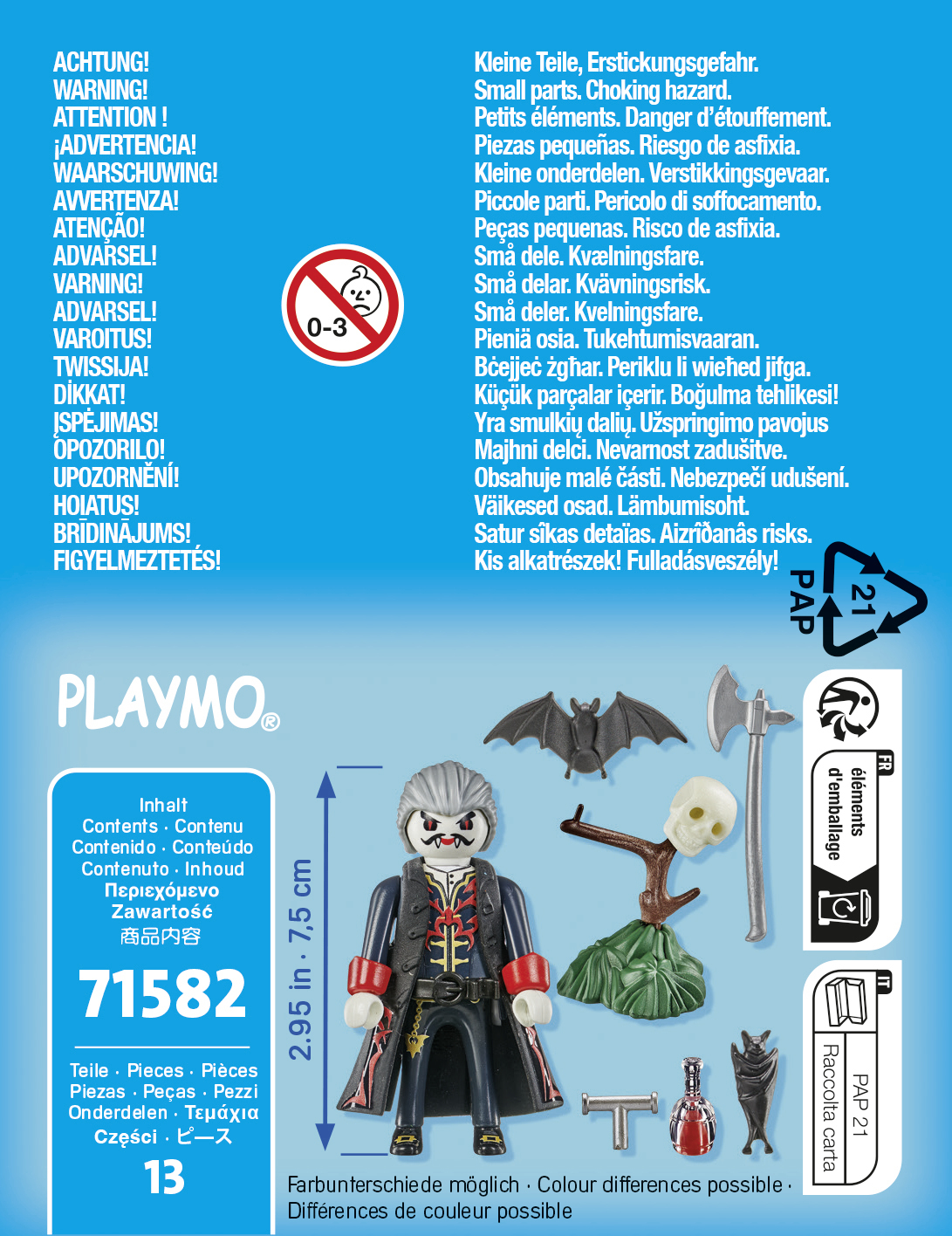 Verpackung mit Warnsymbolen und kleiner Spielzeug-Vampirfigur mit Zubehör.