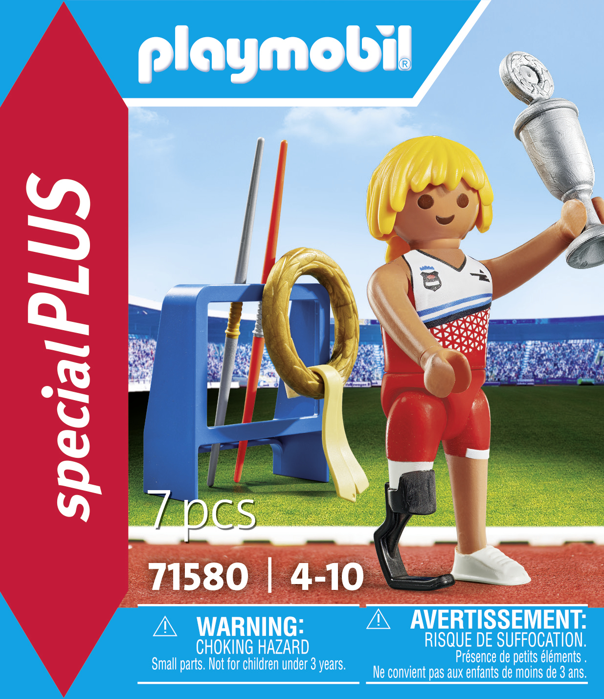 Eine Playmobil-Athletenfigur in Rot, die eine Trophäe hält, mit Hürden und einem Stabhochsprung.