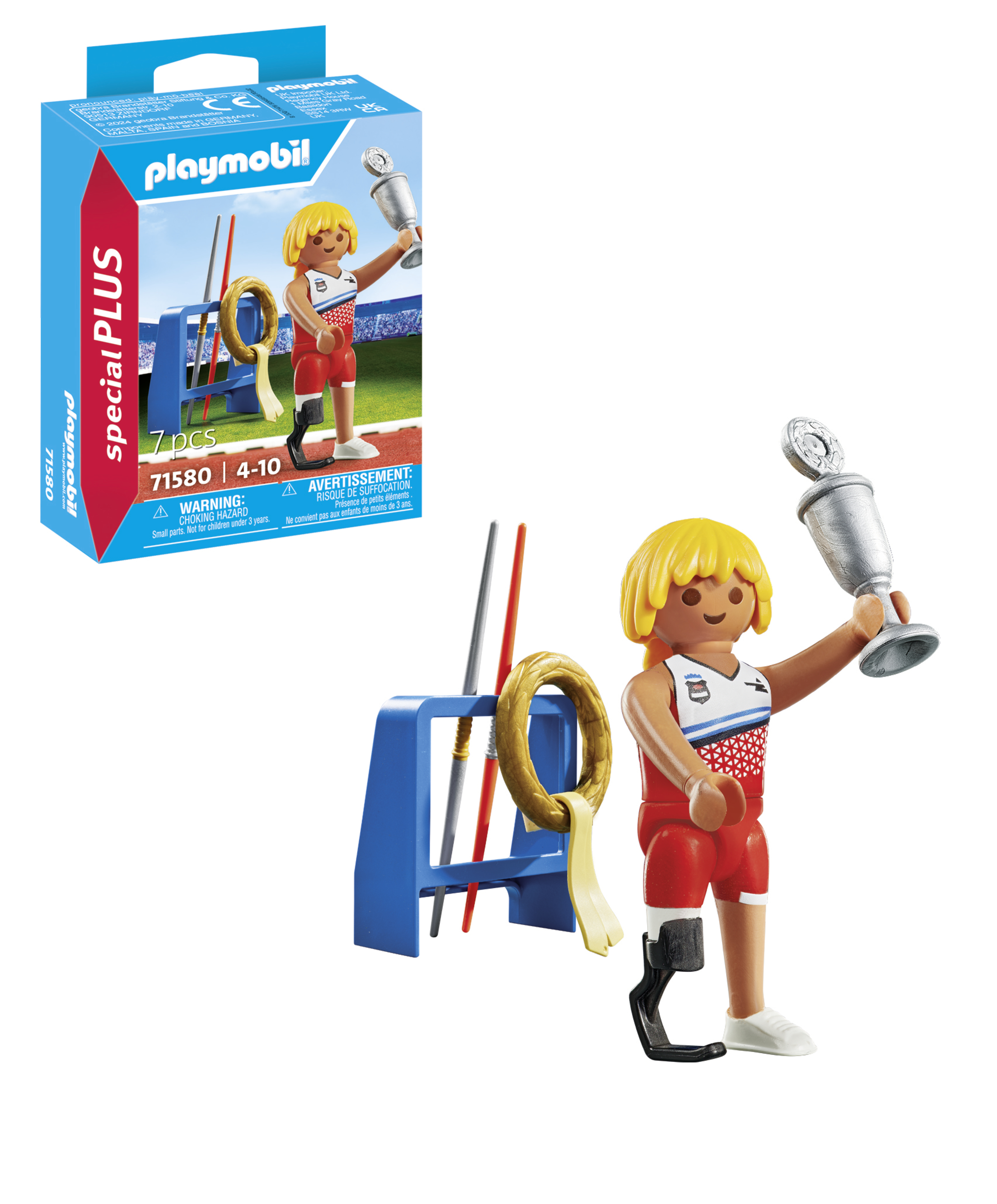 Spielzeugathlet mit Trophäe, Kasten in der Nähe. Enthält Hürden.