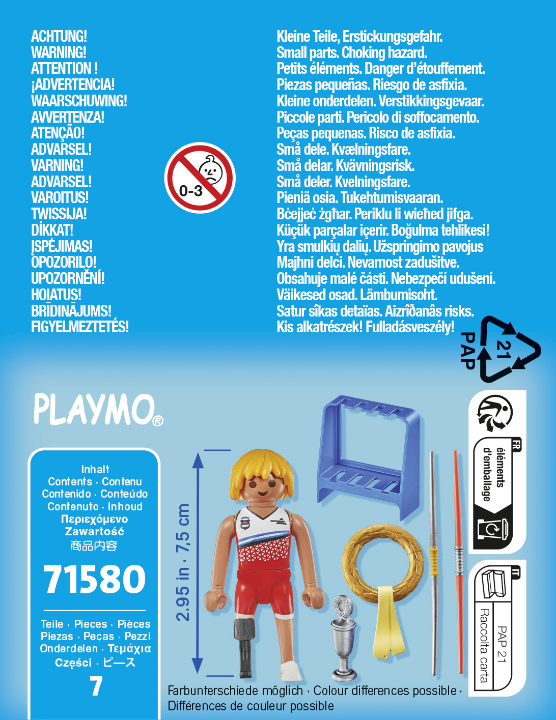 Eine Spielfigur mit Zubehör und einem Warnhinweis mit Text in mehreren Sprachen, darunter Englisch.