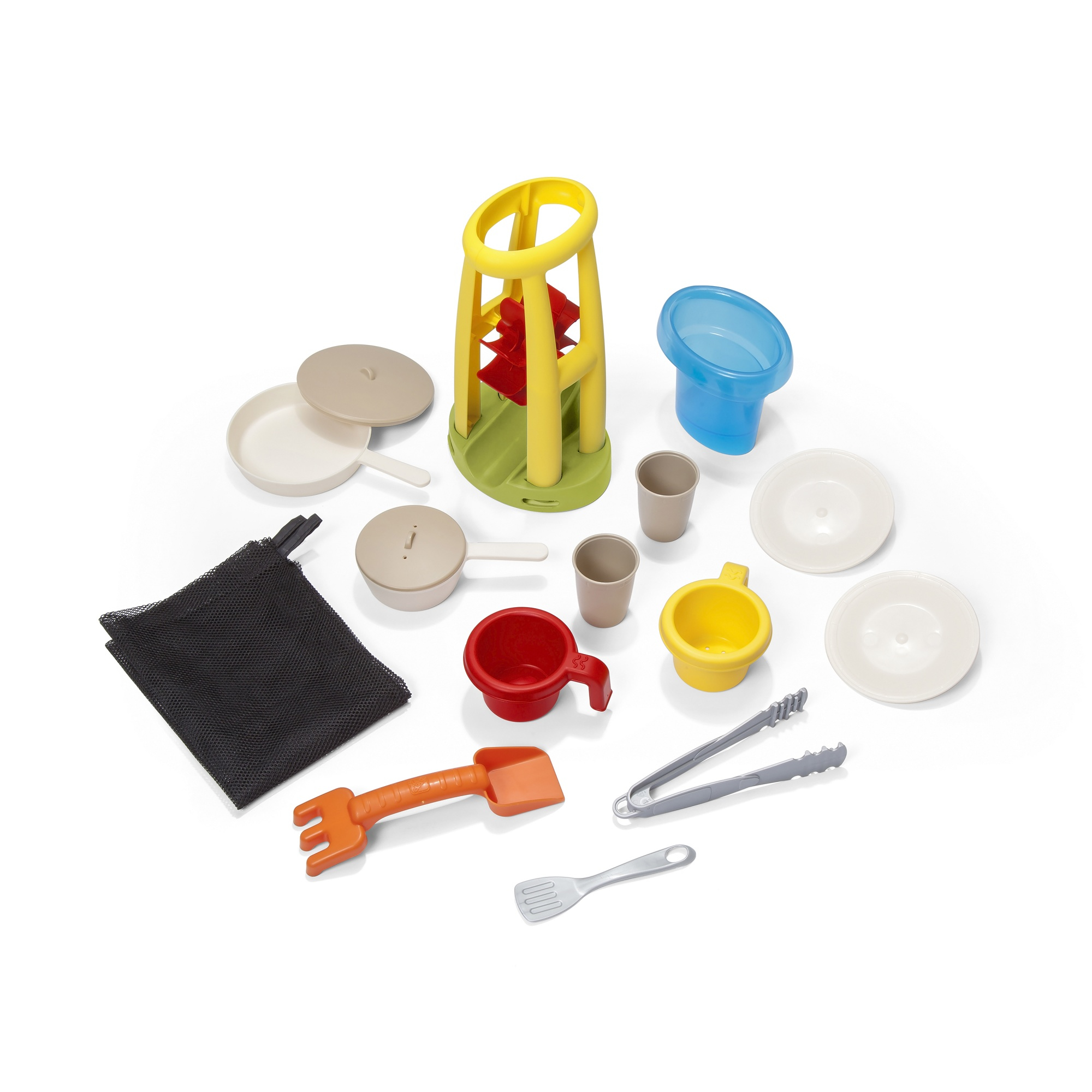 Kinderspielset mit einem Turm, Tassen, Tellern und anderem Geschirr in verschiedenen Farben.