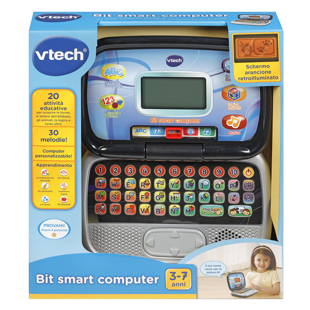 Zabawka komputerowa Vtech Bit smart w opakowaniu z funkcjami i bawiącym się dzieckiem.