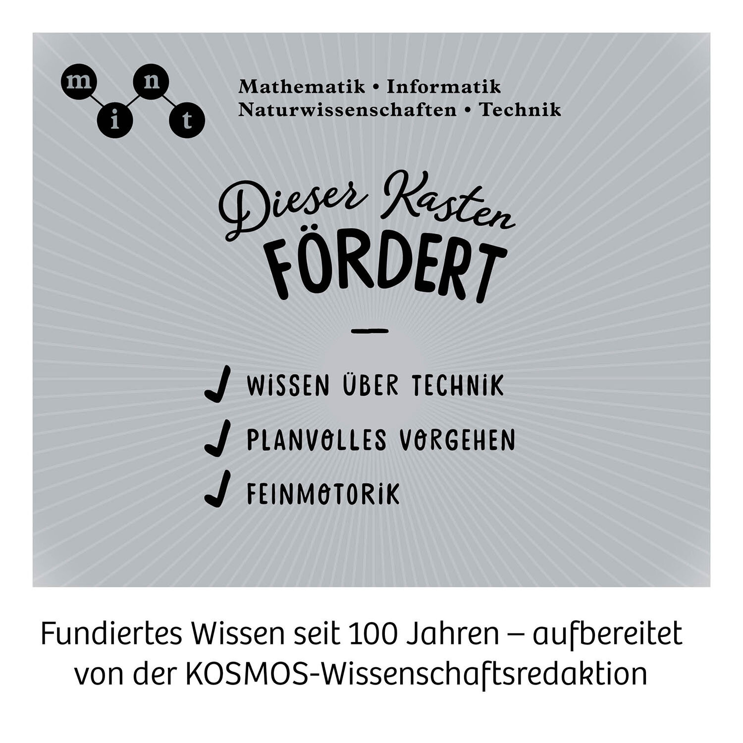 Ein grauer Hintergrund mit Text über einen Wissenschaftskasten. Häkchen und das Logo des Verlags sind sichtbar.