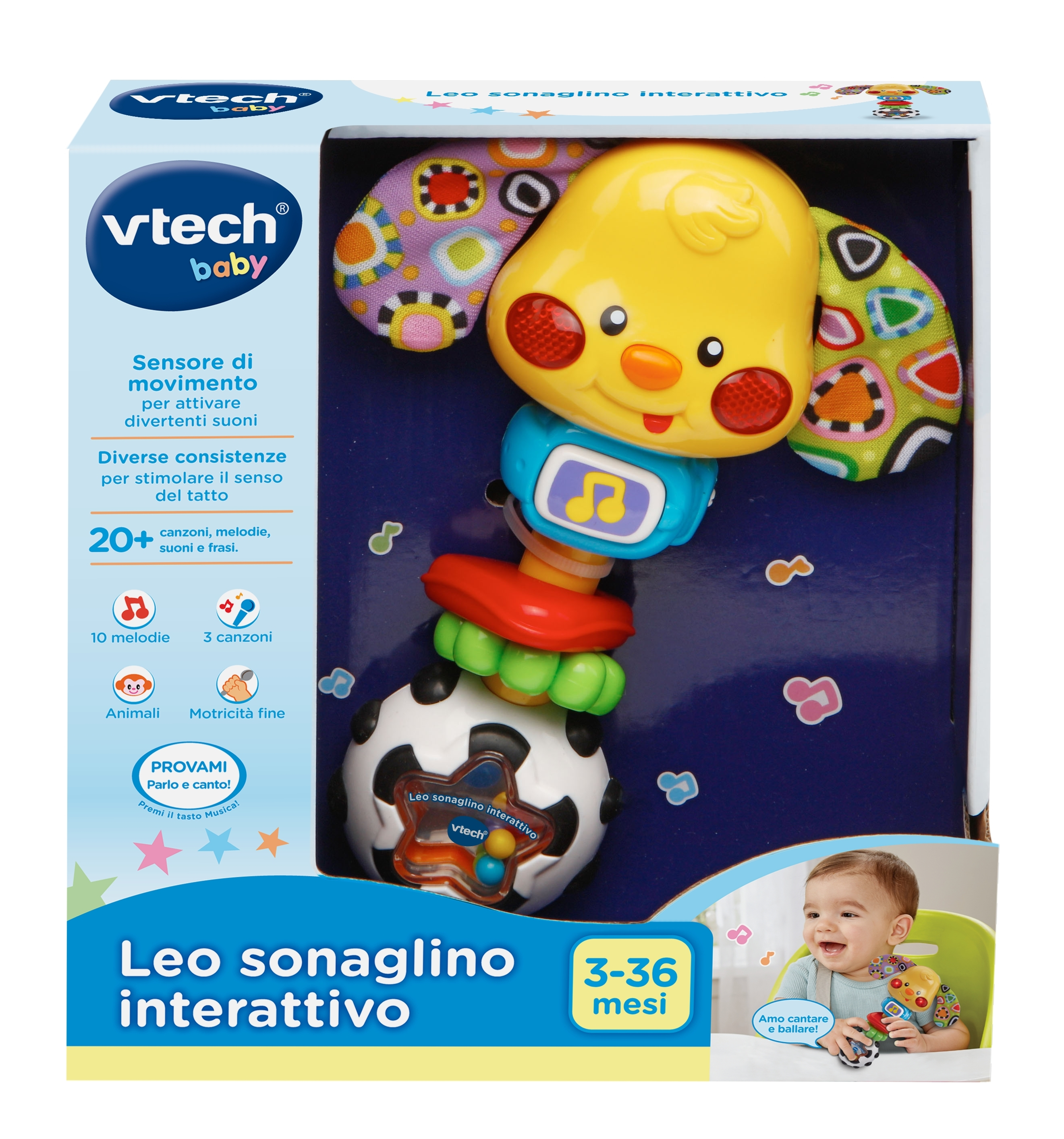 Interaktywna zabawka dla psa VTech Baby w opakowaniu, z uśmiechniętym dzieckiem w rogu.