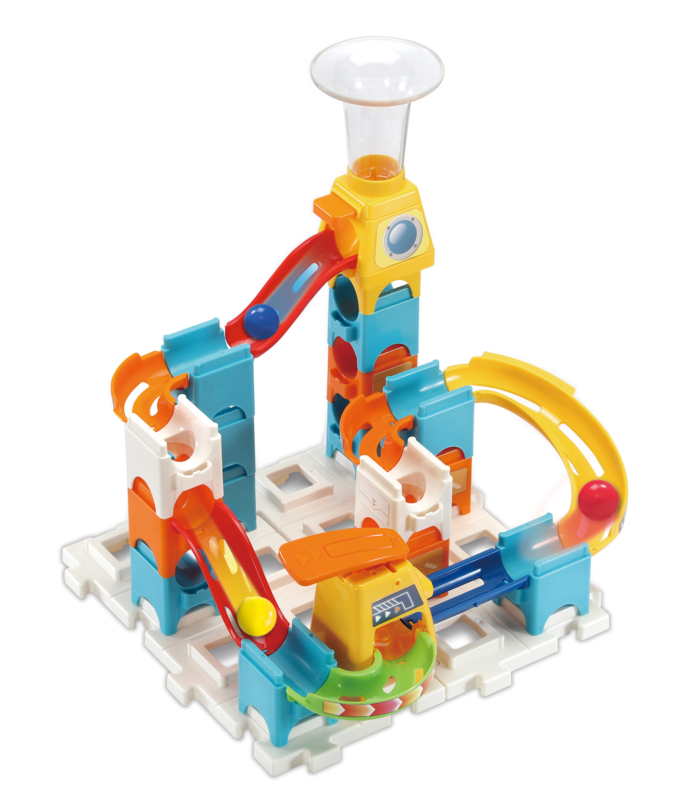 Ein farbenfroher Spielzeug-Baukasten. Er besteht aus orangefarbenen, blauen und gelben Teilen, durch die Kugeln rollen.
