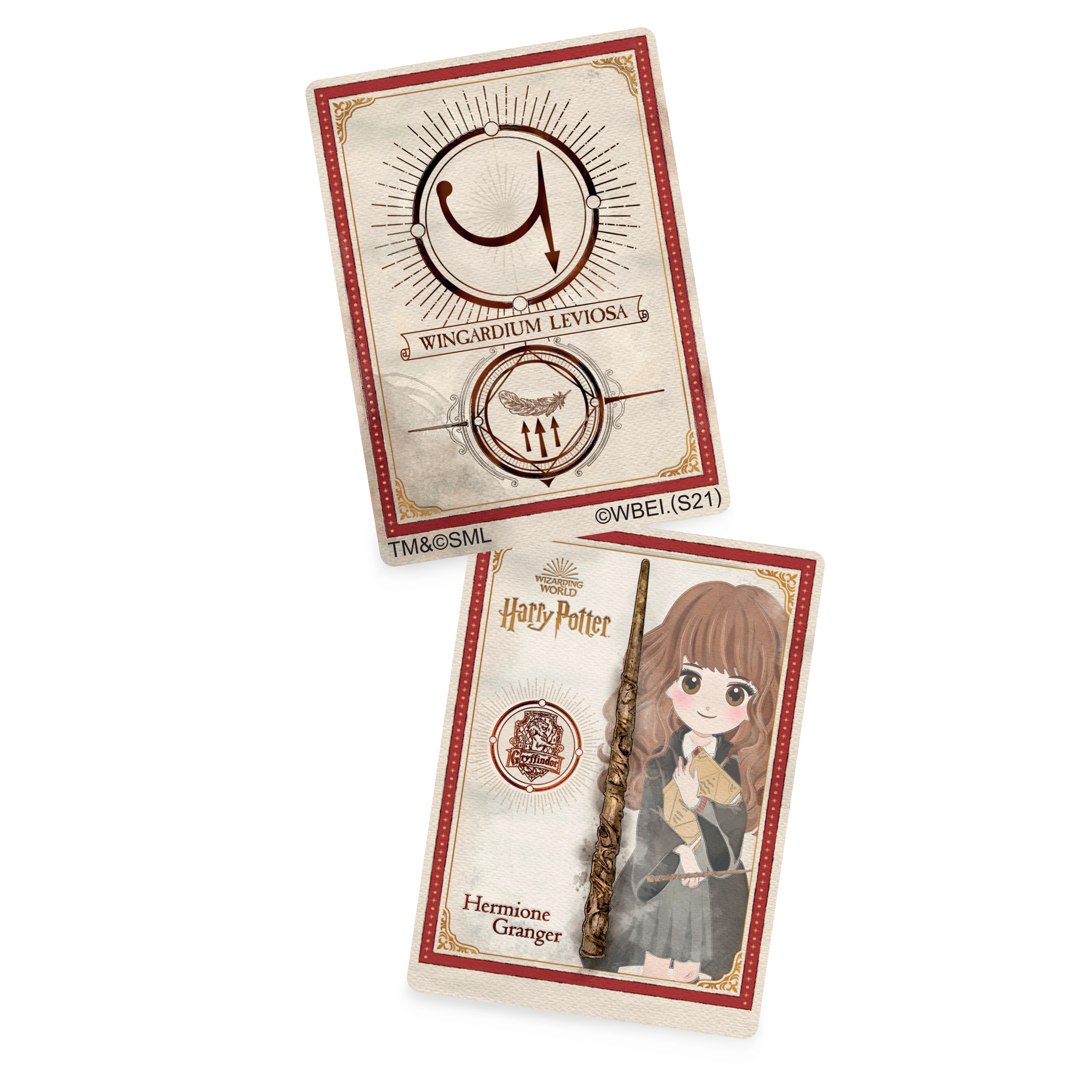 Dwie karty kolekcjonerskie Harry'ego Pottera z Hermioną Granger trzymającą różdżkę.