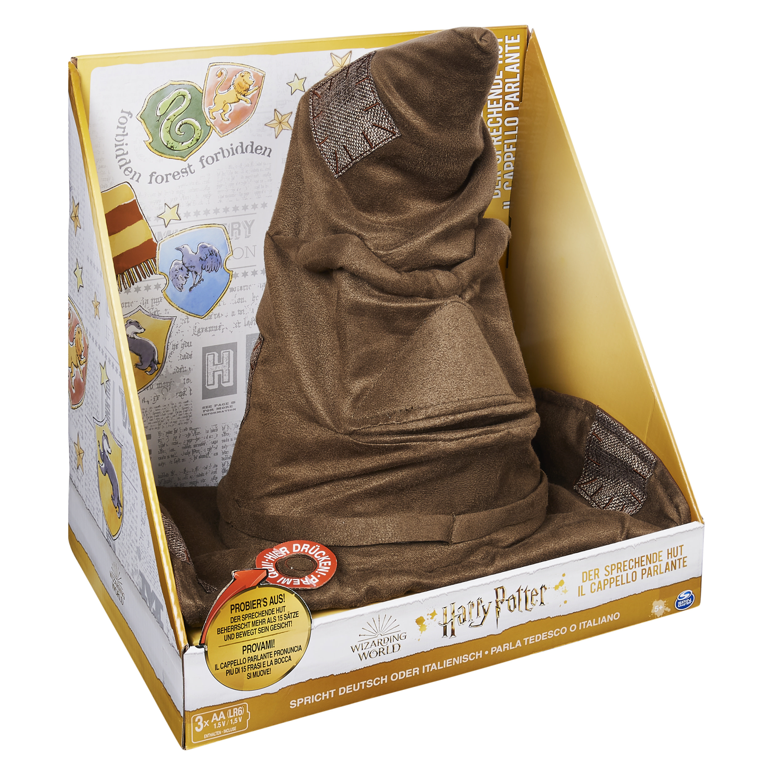 Sortierhut-Spielzeug in einer Box. Die Box zeigt das Harry Potter-Logo und Text in mehreren Sprachen.