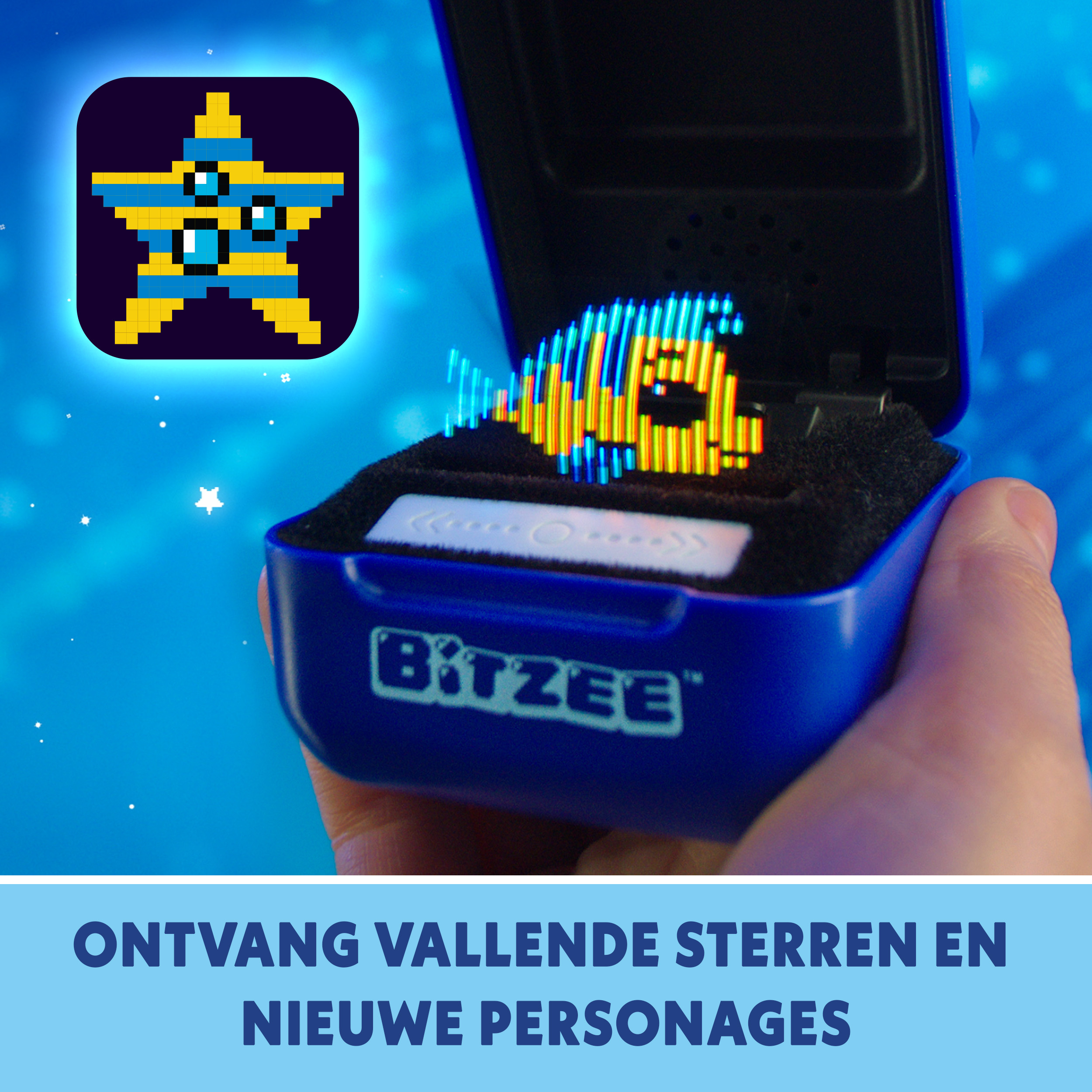 Niebieskie etui z pikselowaną rybą w środku. Tekst mówi: 'BITZEE'.