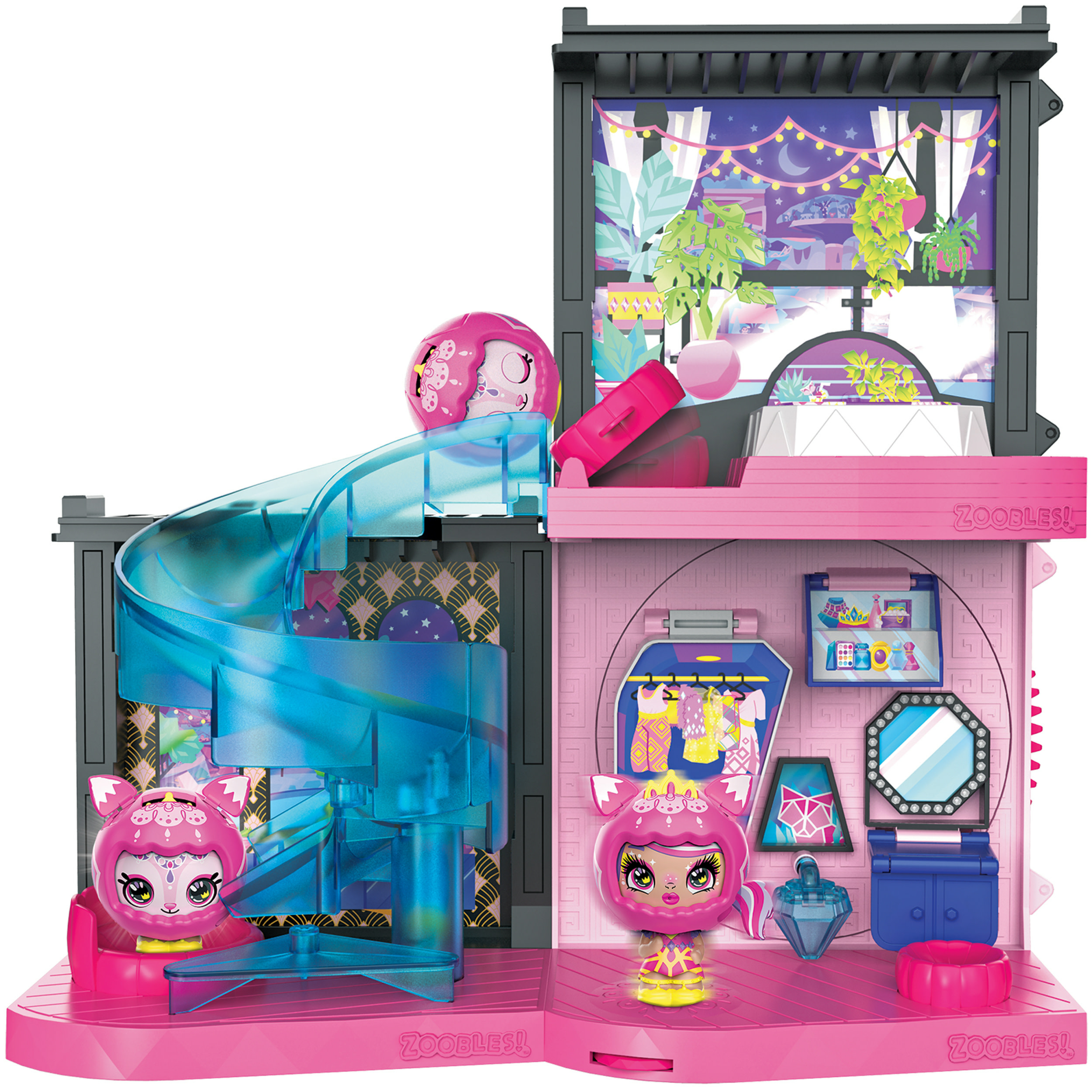 Ein rosa Zoobles-Spielset mit mehreren Räumen, Charakteren, einer Rutsche und verschiedenen Zubehörteilen.