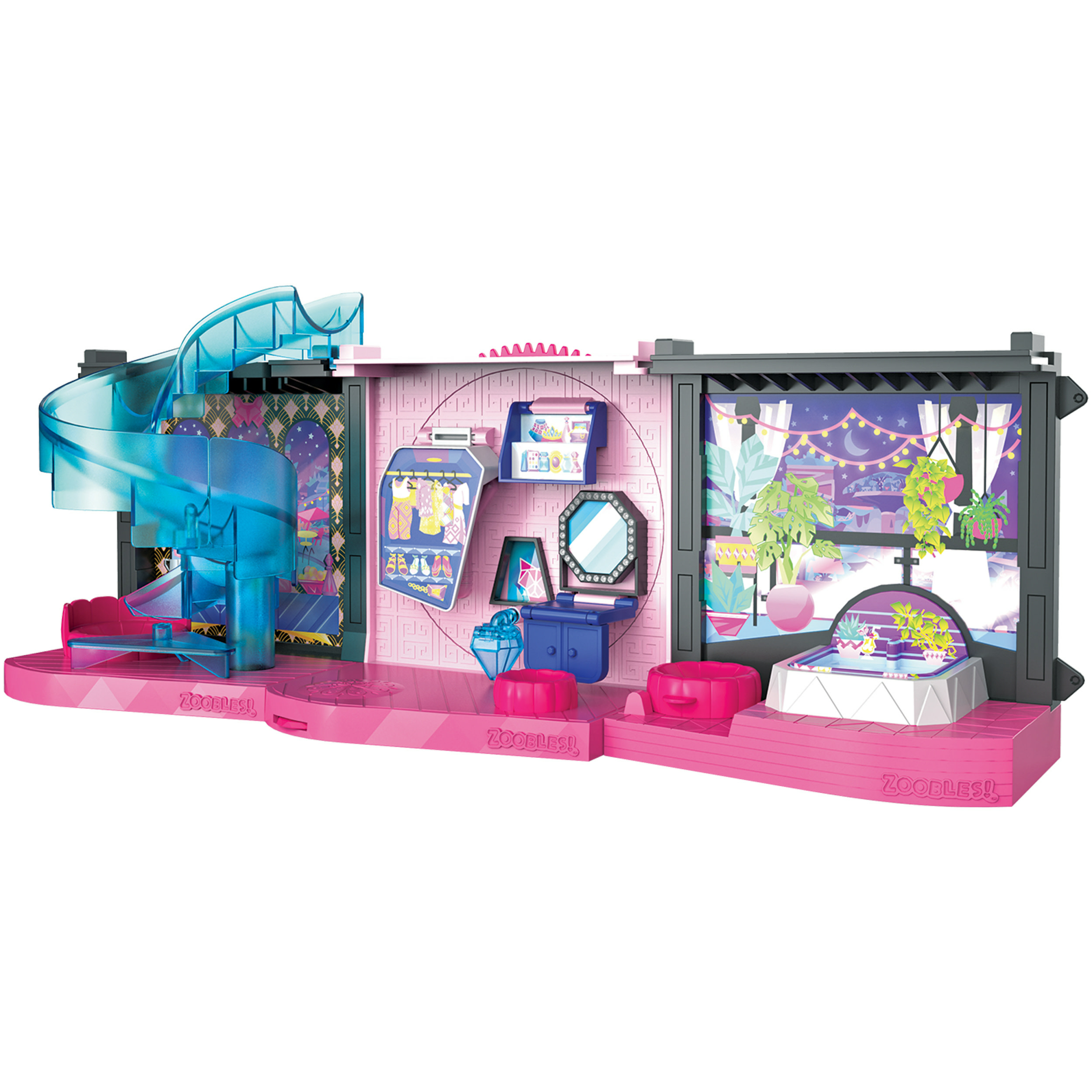 Spielzeugpuppenhaus. Rosa und blaue Farben. Spielzeug im Inneren. Weißer Hintergrund.