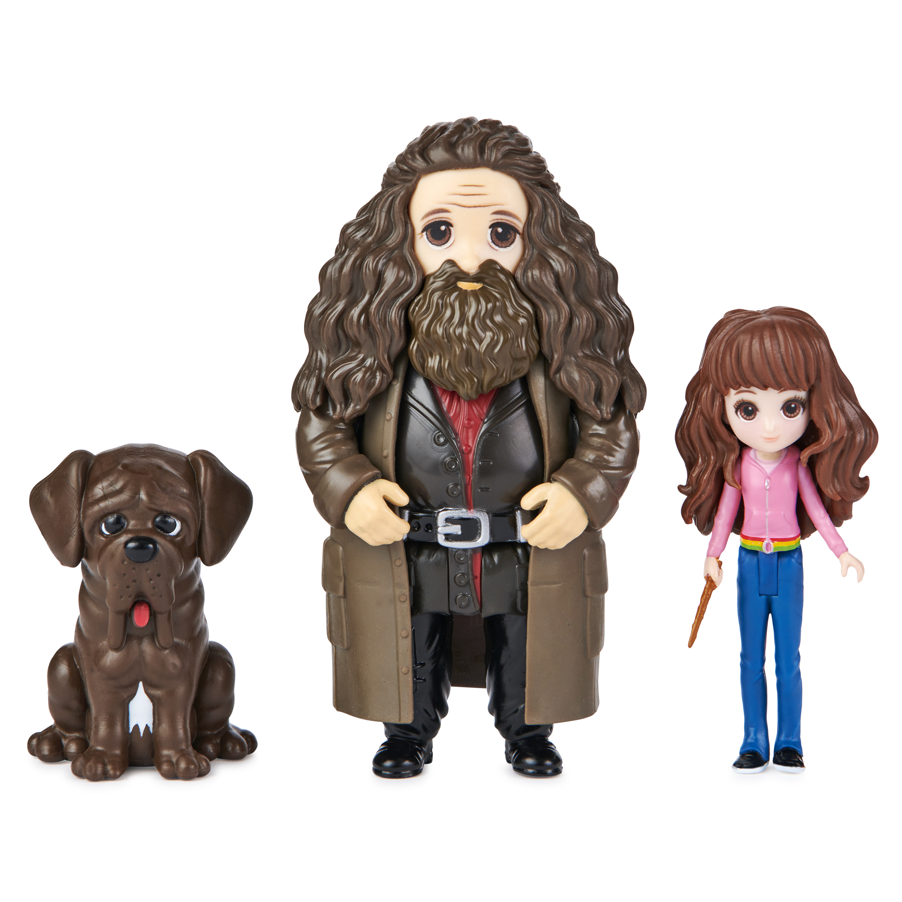 Trzy figurki Harry'ego Pottera: Hagrid, Hermiona i pies, wszystko na białym tle.