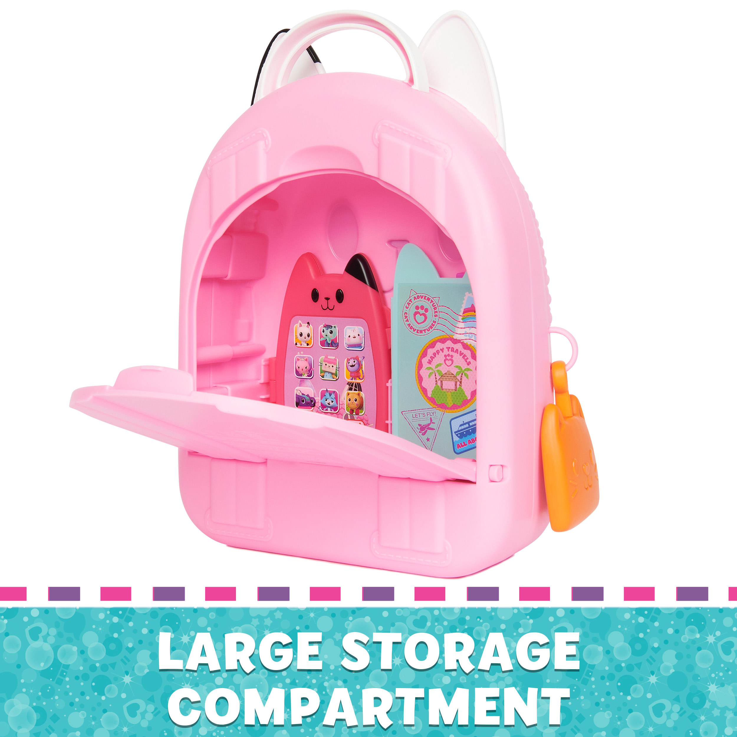 Różowy plecak-zabawka z otwartym przodem, ukazujący kolorowe przedmioty w środku.