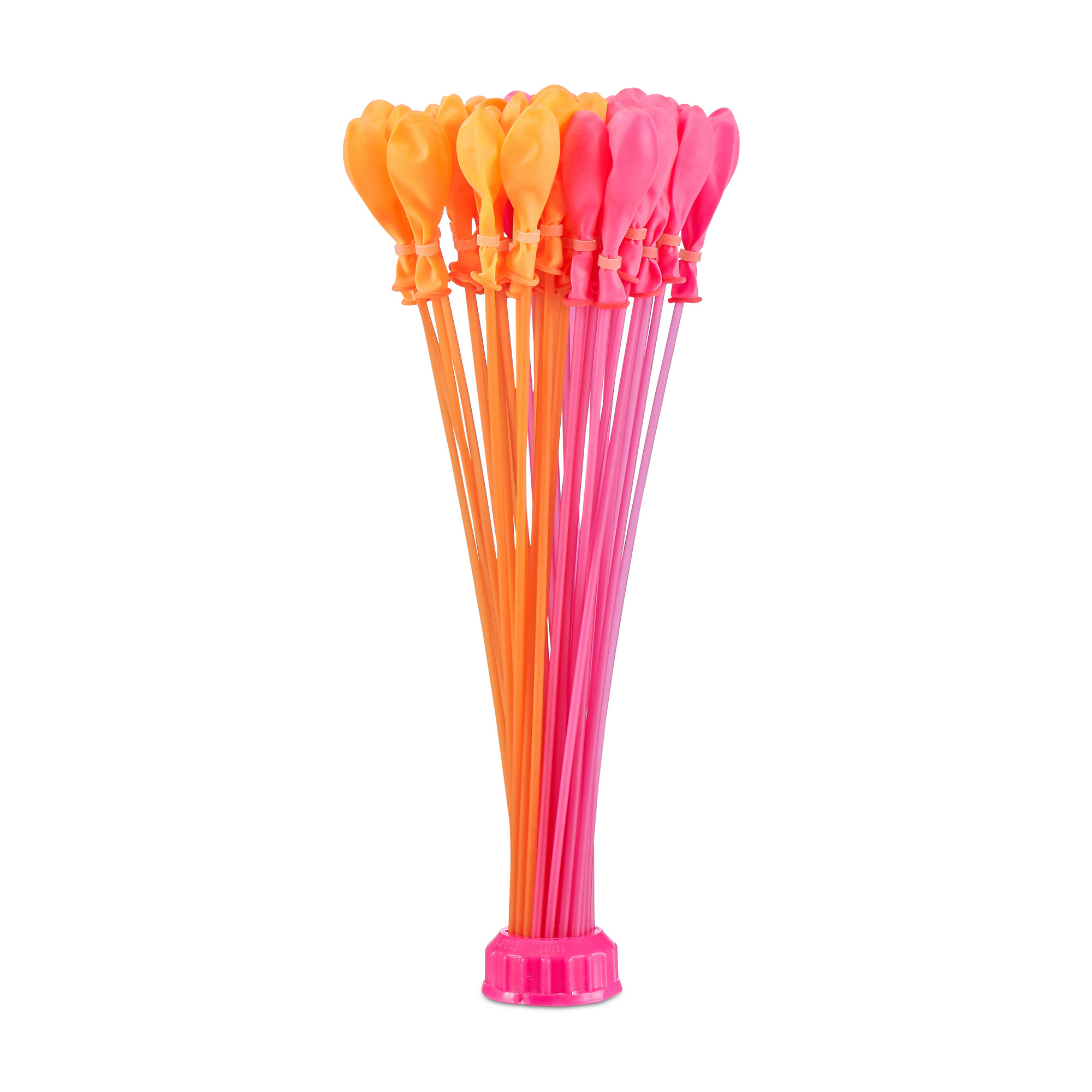 Un fascio di palloncini d'acqua arancioni e rosa su bastoncini e una base rosa.