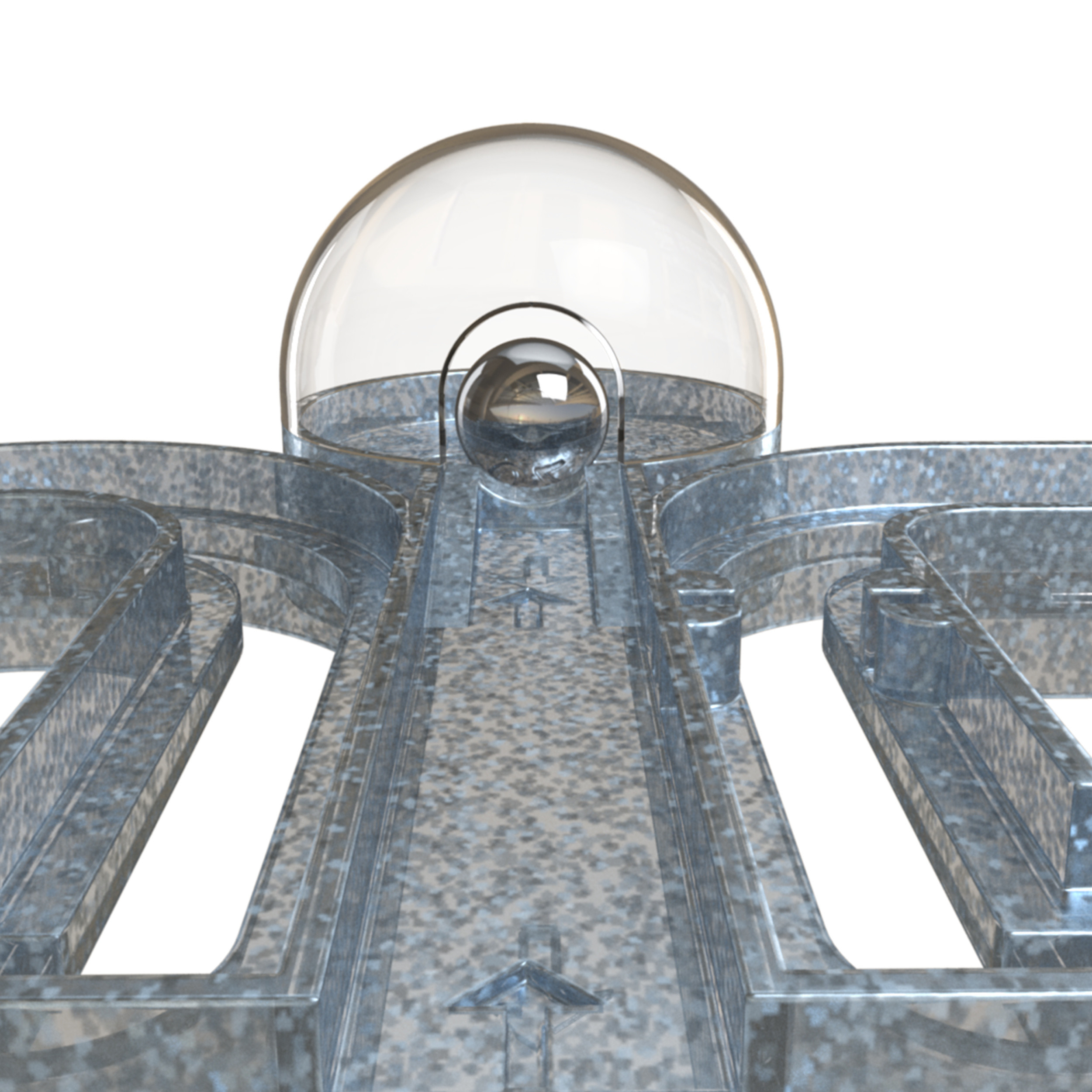 Srebrna konstrukcja toru kulkowego z przezroczystą kopułą i srebrną kulką w środku.