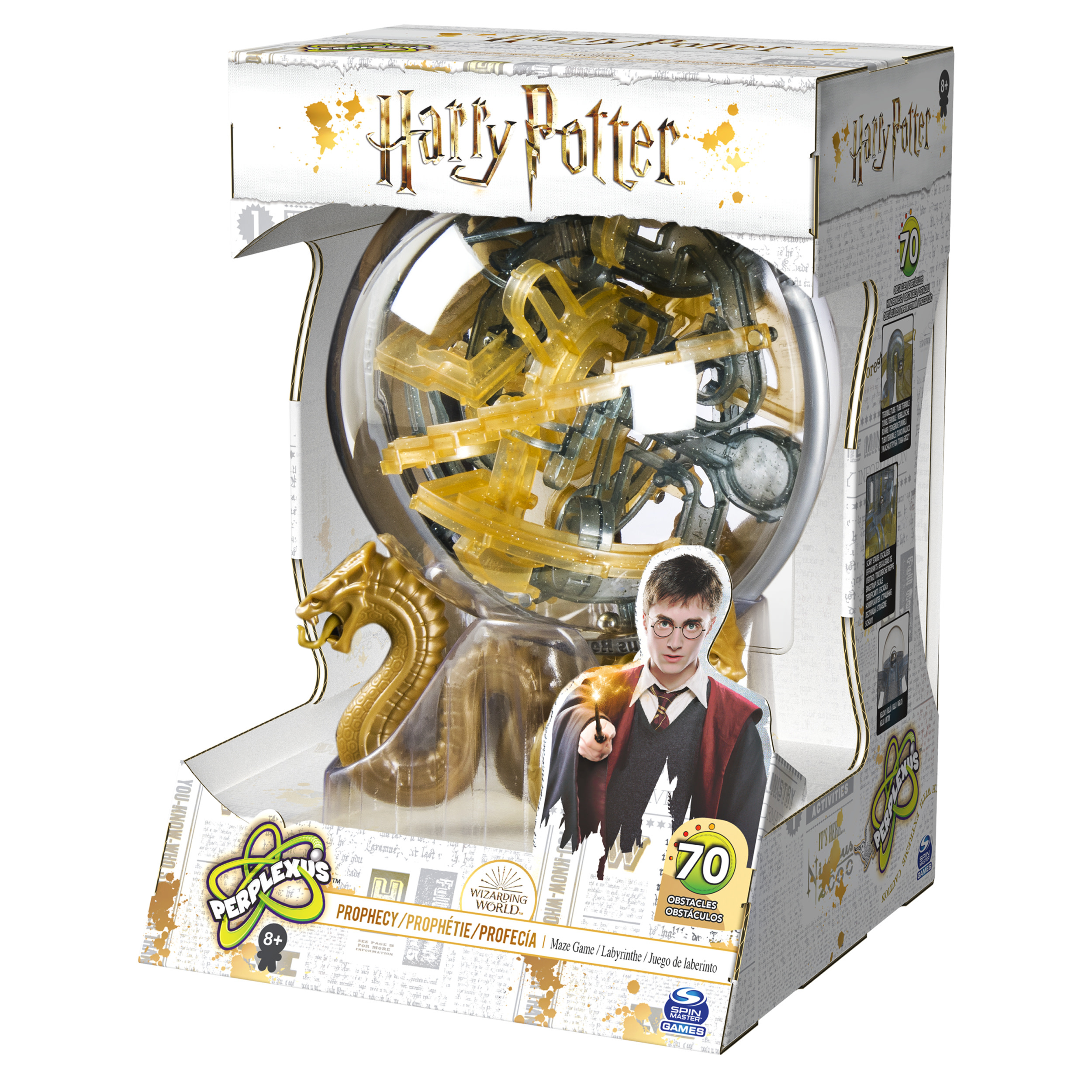 Zabawka z labiryntem w przezroczystej kuli, ze złotym wężem i figurką Harry'ego Pottera.